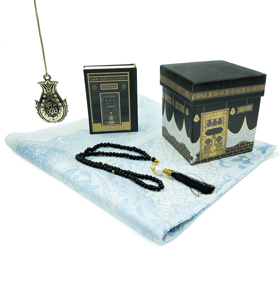 Premium Islamic Gift Box Set - Prayer Mat, Quran, Tasbih Beads & Car Hanger - White & Blue - Perfect for Ramadan, Eid, Wedding Gifts & New Muslim Converts
