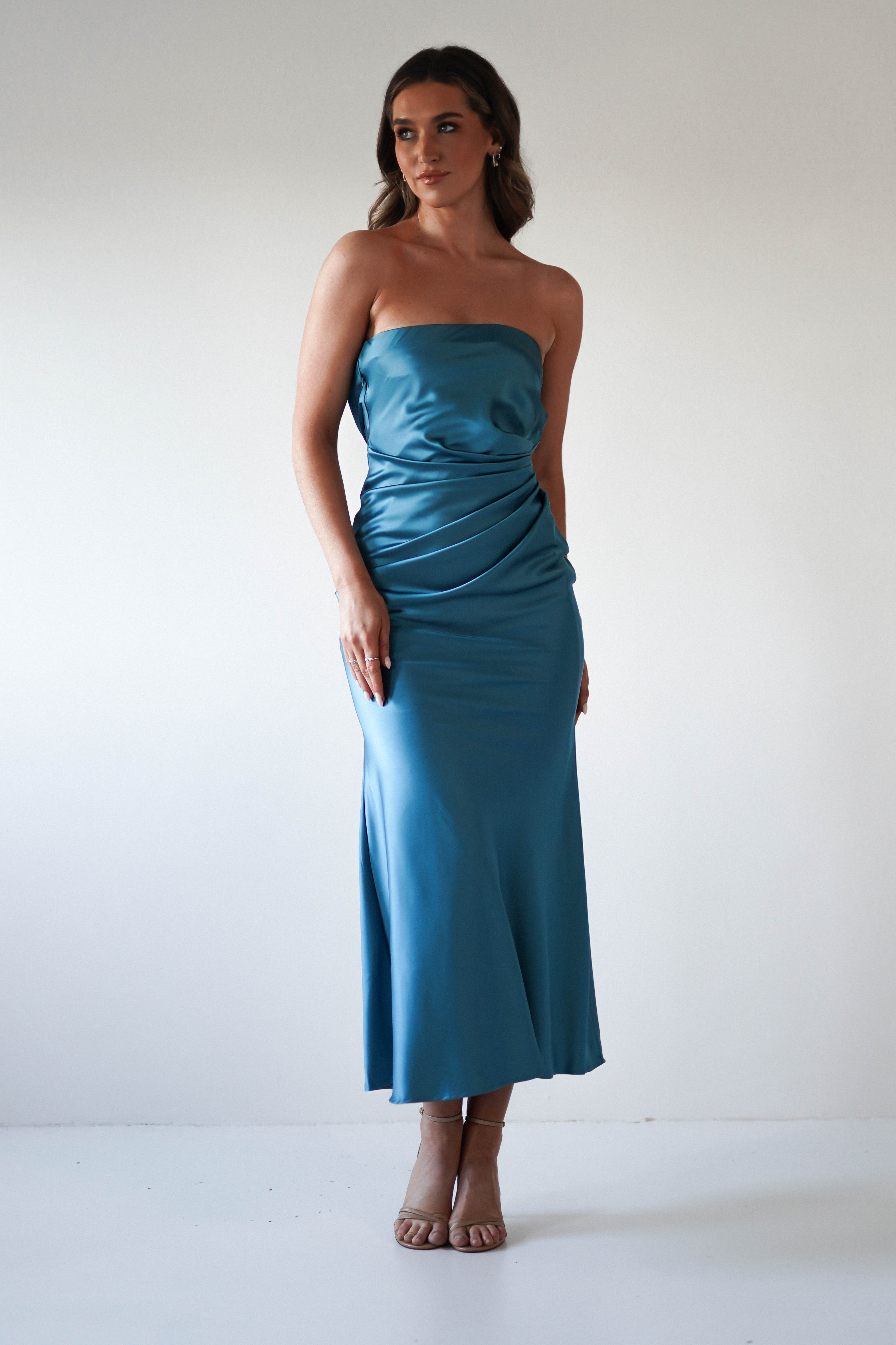 Allegra Gathered Midi Dress in Robin Blue - Elegant Flowy Summer Dress for Women, Perfect for Weddings, Parties & Vacation Wear