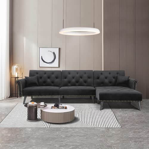 Lepfun Velvet Convertible Sleeper Sectional Sofa Bed - Reversible L-Shaped Button Tufted Couch with Chaise Lounge & 2 Pillows - Modern Living Room Furniture (Black) | Perfect for Small Spaces, Apartments & Guest Rooms