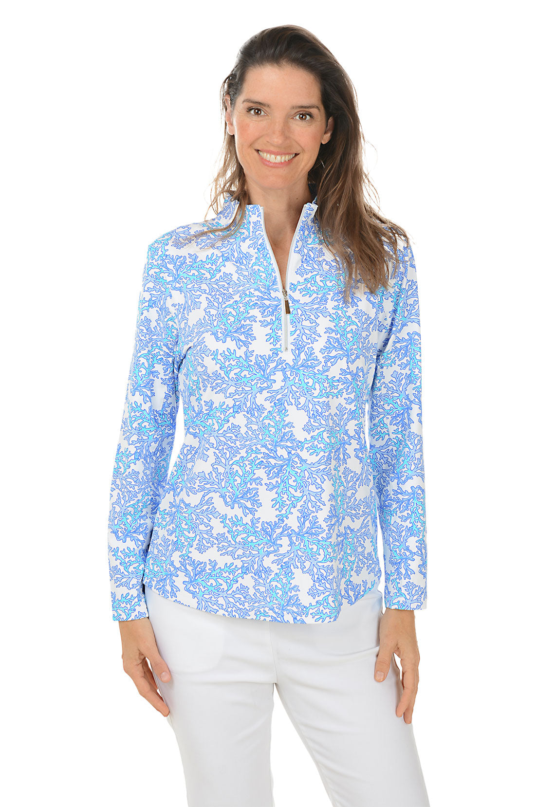 Blue Coral Mock Neck UPF50+ Sun Protection Shirt for Women - Beach, Hiking & Outdoor Activities