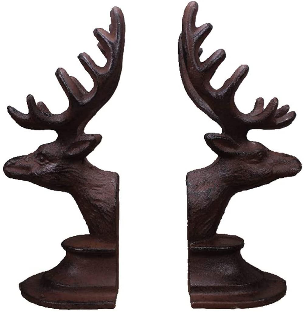 Wrought Iron Deer Head Bookends - 8 Inch Tall Brown Cast Iron Book Stoppers for Shelves, Housewarming Gift, Office & Home Decor