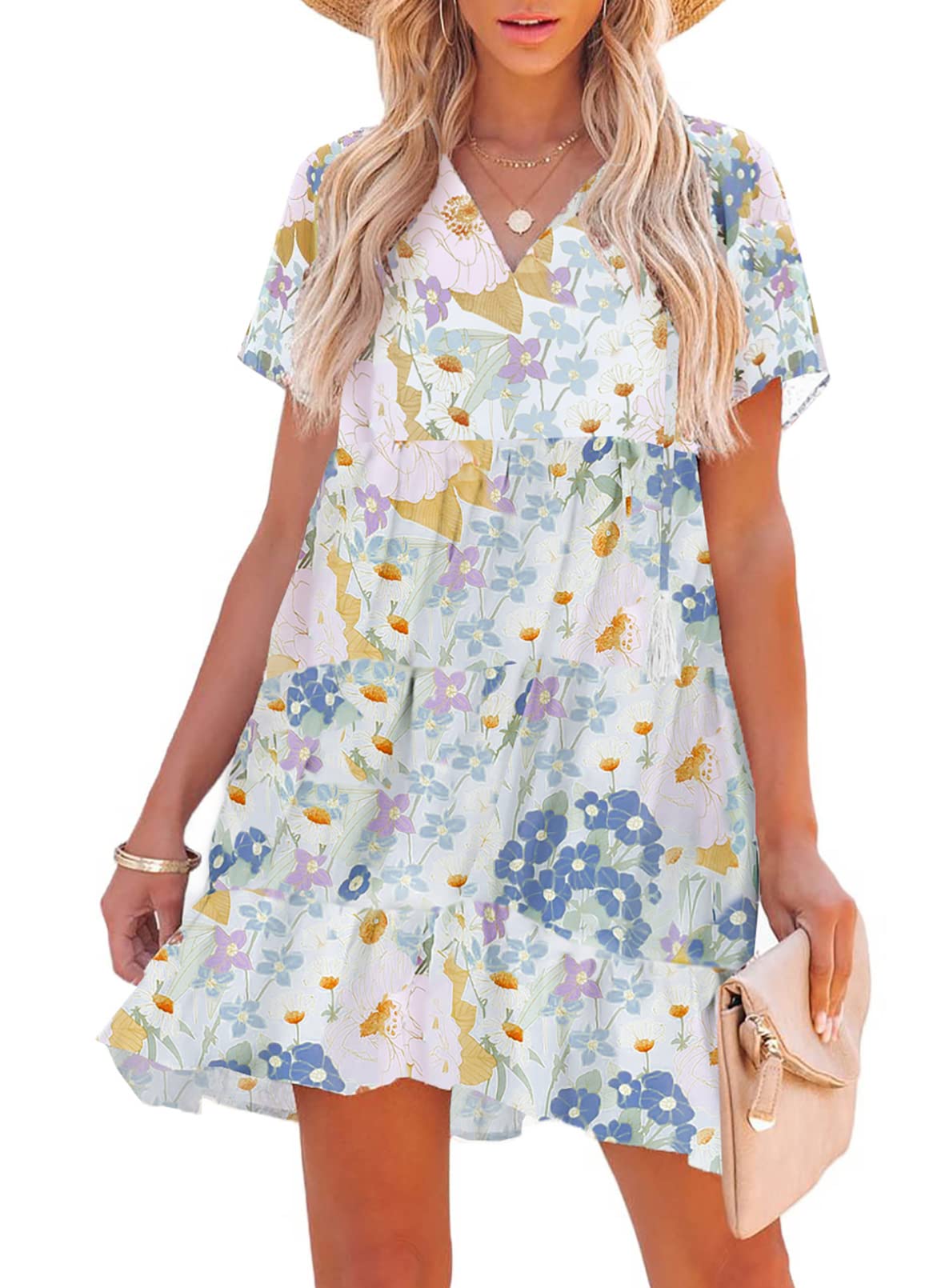 ASVIVID Women's Boho Summer Floral Dress - Casual V-Neck Ruffle Mini Dress with Short Sleeves, A-Line Swing Dress for Beach Vacation, Music Festival & Date Night
