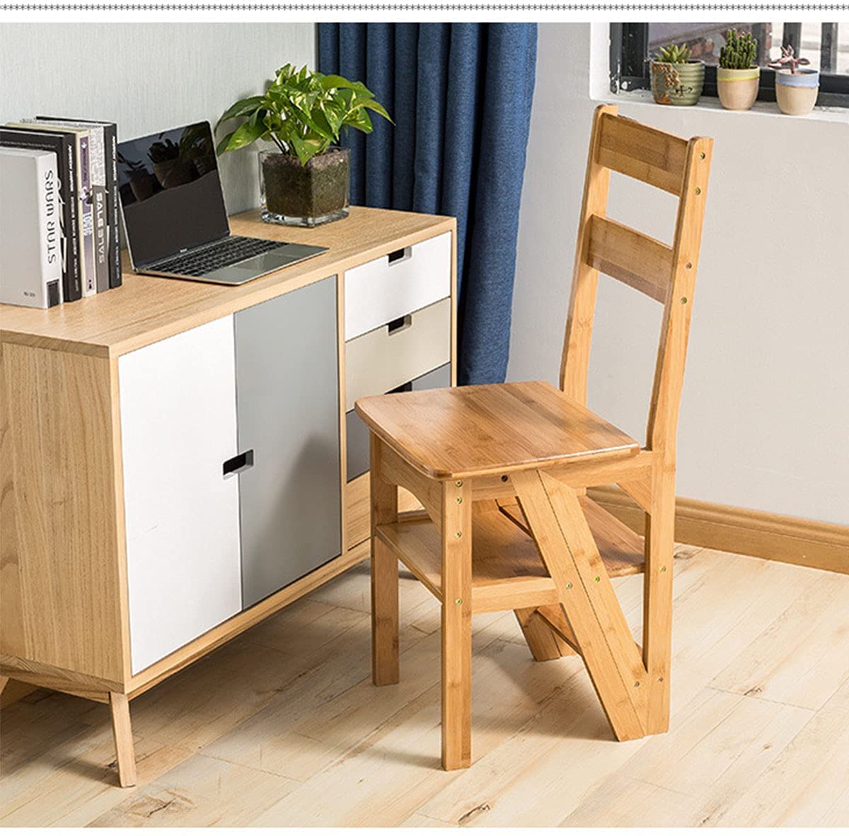 4-Tier Folding Step Stool - Multi-Functional 3-in-1 Wooden Ladder Chair with Storage Shelf for Home, Kitchen, Bedroom & Closet Organization | Perfect for Reaching High Shelves, Display Decor & Compact Storage