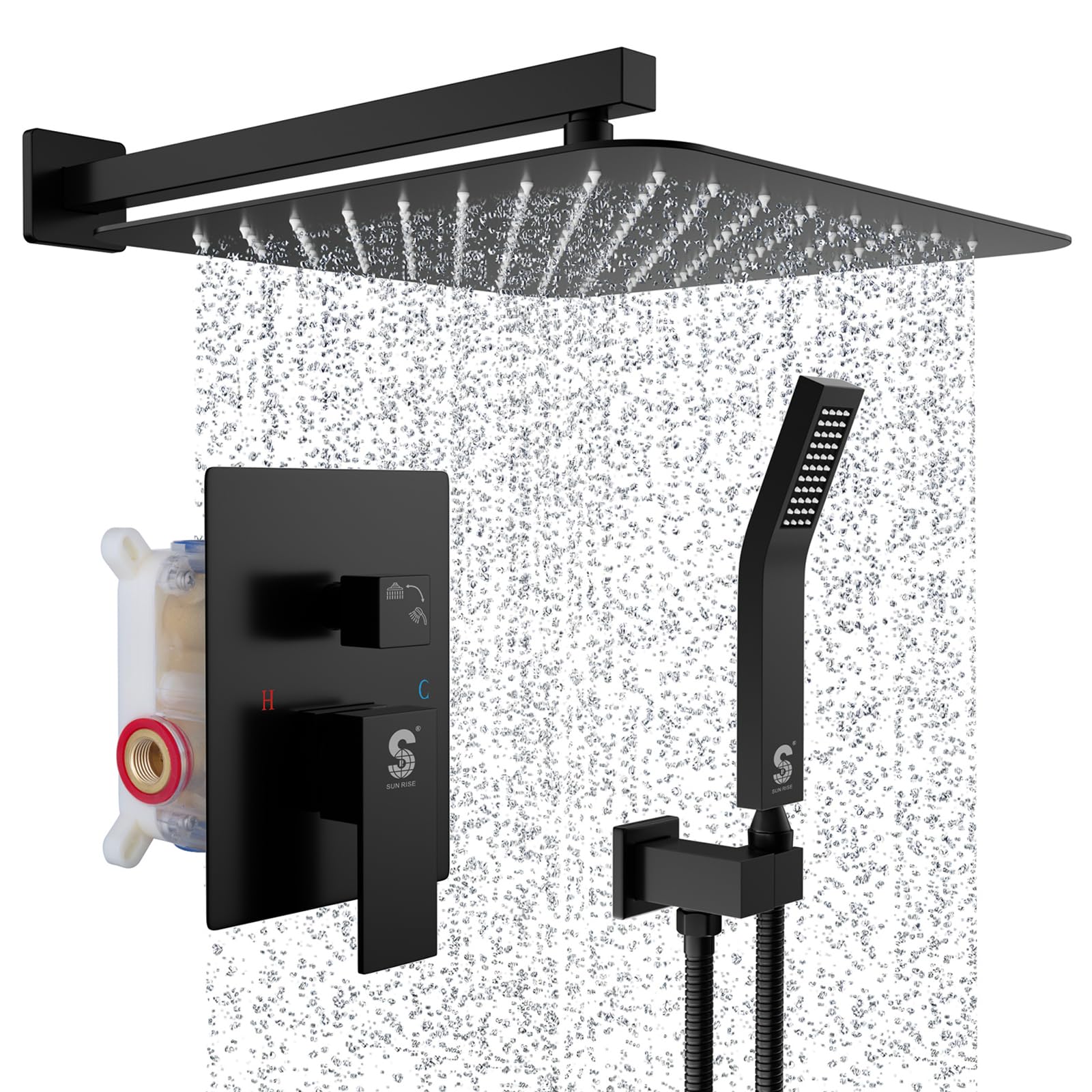 SR SUN RISE Matte Black Square Rainfall Shower Head & Handle Set - 16 Inch Wall Mounted Shower Fixtures with Valve - Premium Metal Shower Faucet Trim Repair Kit for Bathroom & Spa Relaxation