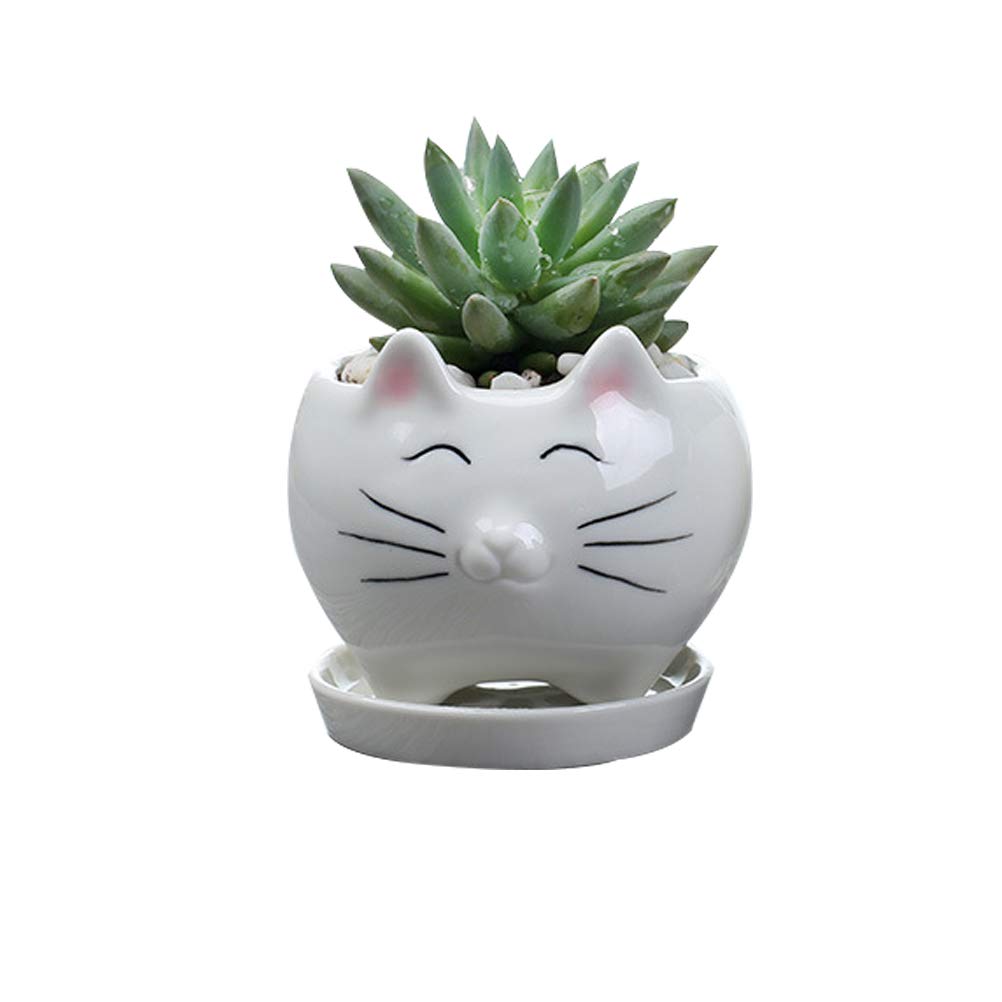 DOITOOL White Ceramic Cat Flower Pot - Cute Cartoon Cat Planter with Base for Succulents, Mini Home Decor, Office Desk Decor | Perfect for Indoor Plants, Gifts, and Home Garden Decor