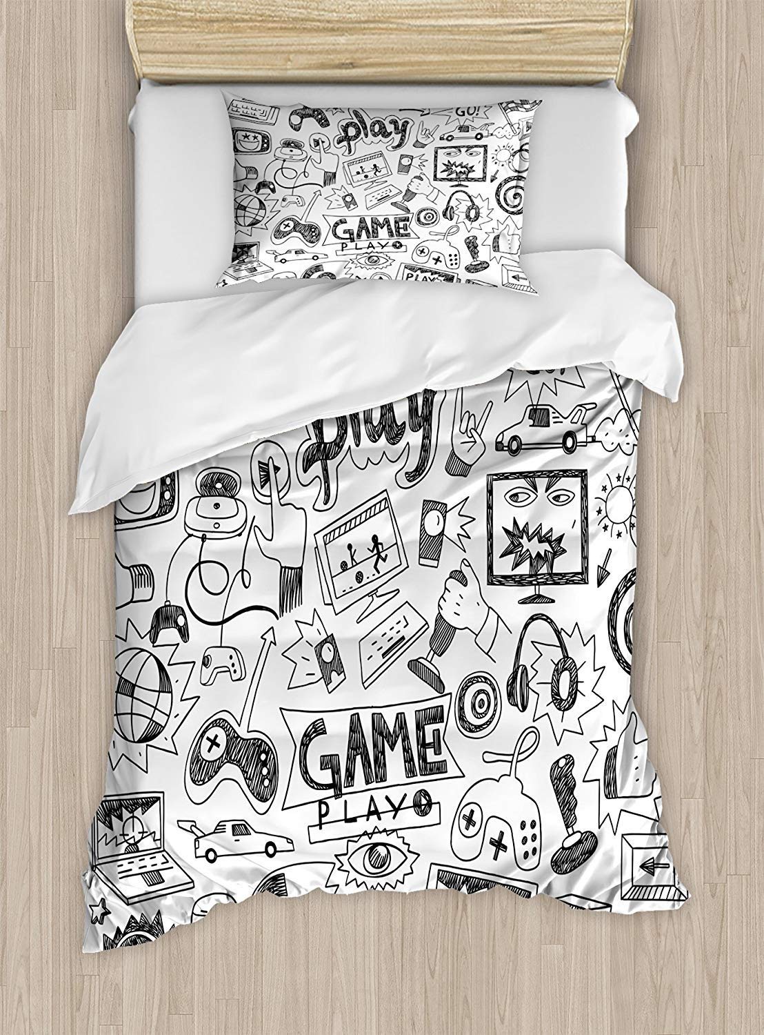 King Size Gaming Bedding Set for Boys - 4 Piece Video Game Duvet Cover with Monochrome Sketch Design, Racing Monitor & 90s Gadget Theme | Perfect for Teen Bedrooms, Gaming Rooms & Cozy Home Decor