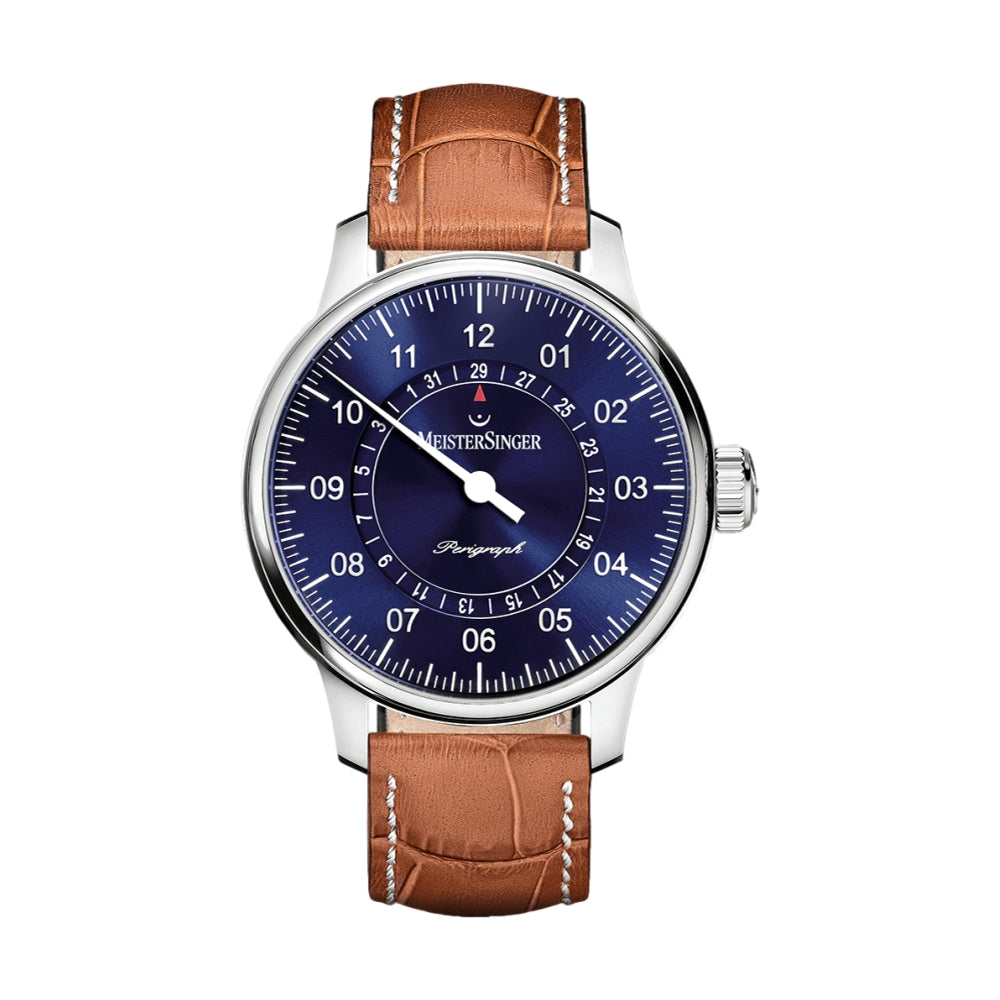 Perigraph Sunburst Blue Dial 43mm Men's Watch with Cognac Croco-Print Leather Strap & White Stitching - Luxury Dress Watch for Business, Formal Events & Everyday Wear