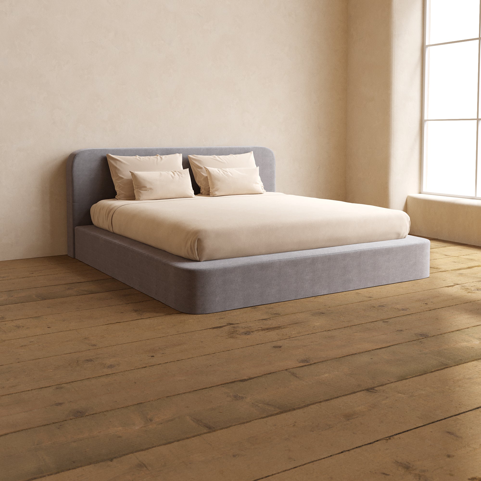 King Upholstered Platform Bed with Headboard - Plush Weave in Ash | Modern Bedroom Furniture for Master Bedroom, Guest Room & Apartment