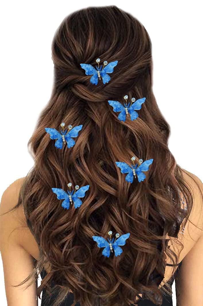 Sajiri Blue Butterfly Hair Clip with Stone Flower Design - Elegant Hair Accessories for Women, Bridal, Party & Special Occasions
