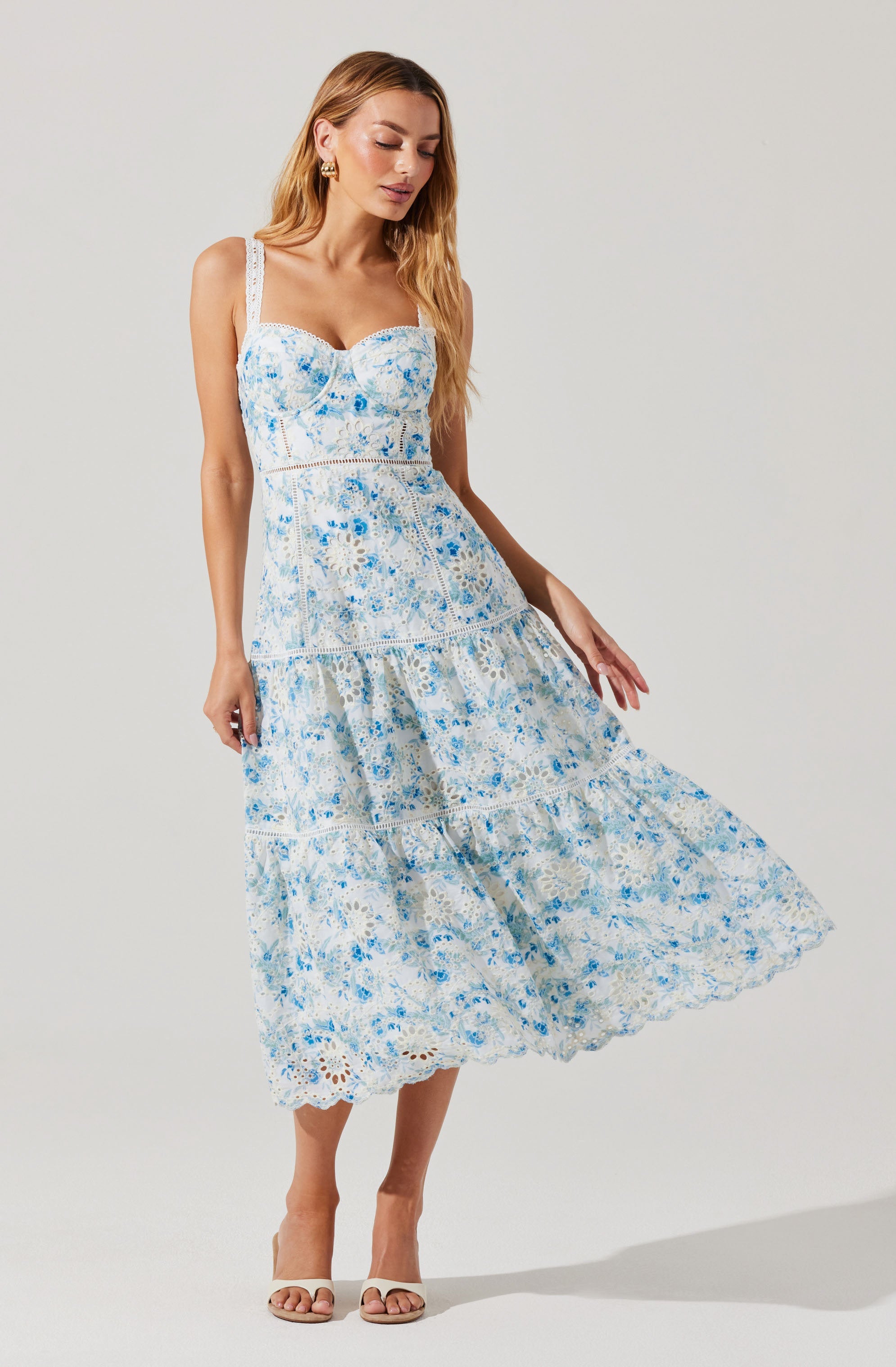 Pellagia Floral Eyelet Midi Dress - Women's Summer Boho Sundress with Lace Trim for Beach, Wedding & Vacation Outfits