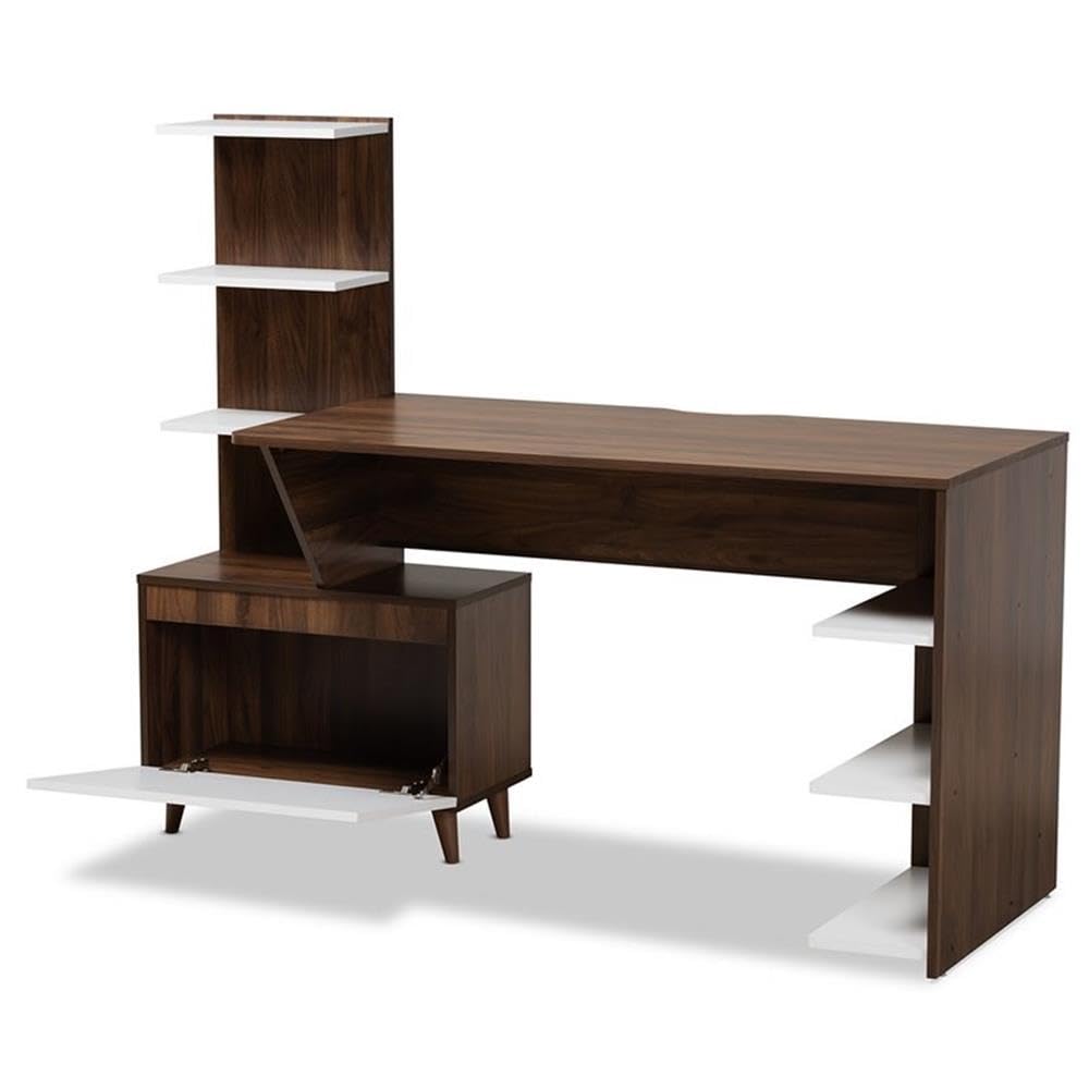 BOWERY HILL White & Brown Wooden Computer Desk with Storage Shelves - Perfect for Home Office, Study Room & Small Spaces