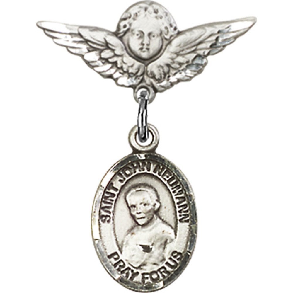 St. John Neumann Sterling Silver Baby Badge with Angel Wing Charm - 7/8