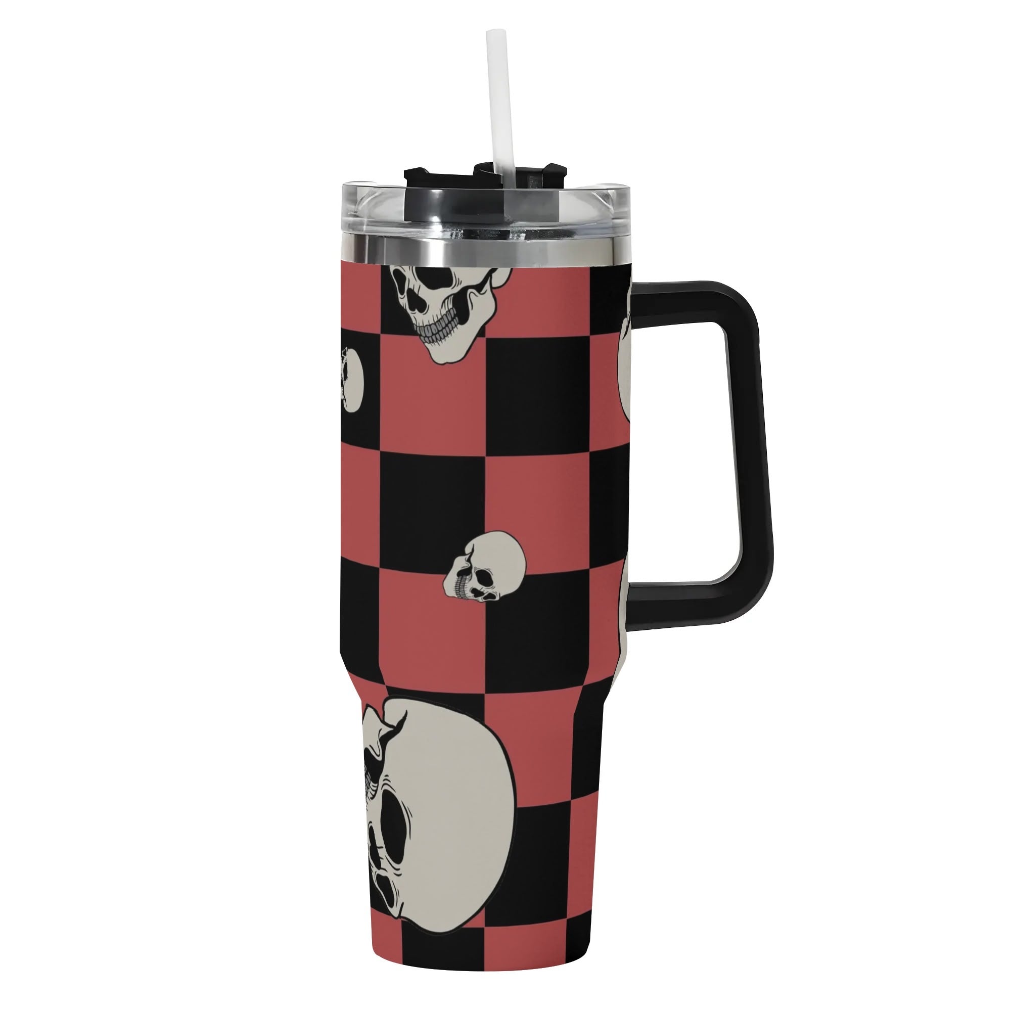 Checkers and Skulls 40 oz Insulated Tumbler with Handle and Straw Lid - Double Wall Stainless Steel Travel Mug for Hot & Cold Drinks - Perfect for Camping, Office, Gym, and Outdoor Adventures
