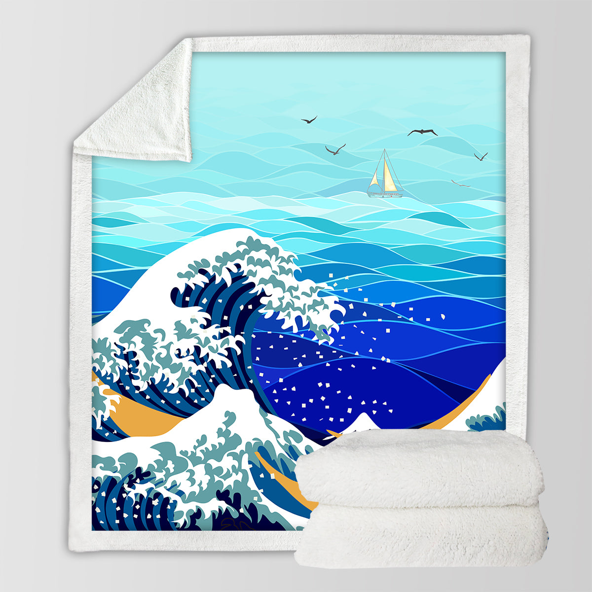 Cozy Great Wave Soft Sherpa Blanket - Ultra Plush Flannel Throw for Bed, Couch & Travel - Japanese Inspired Ocean Wave Design Home Decor Gift
