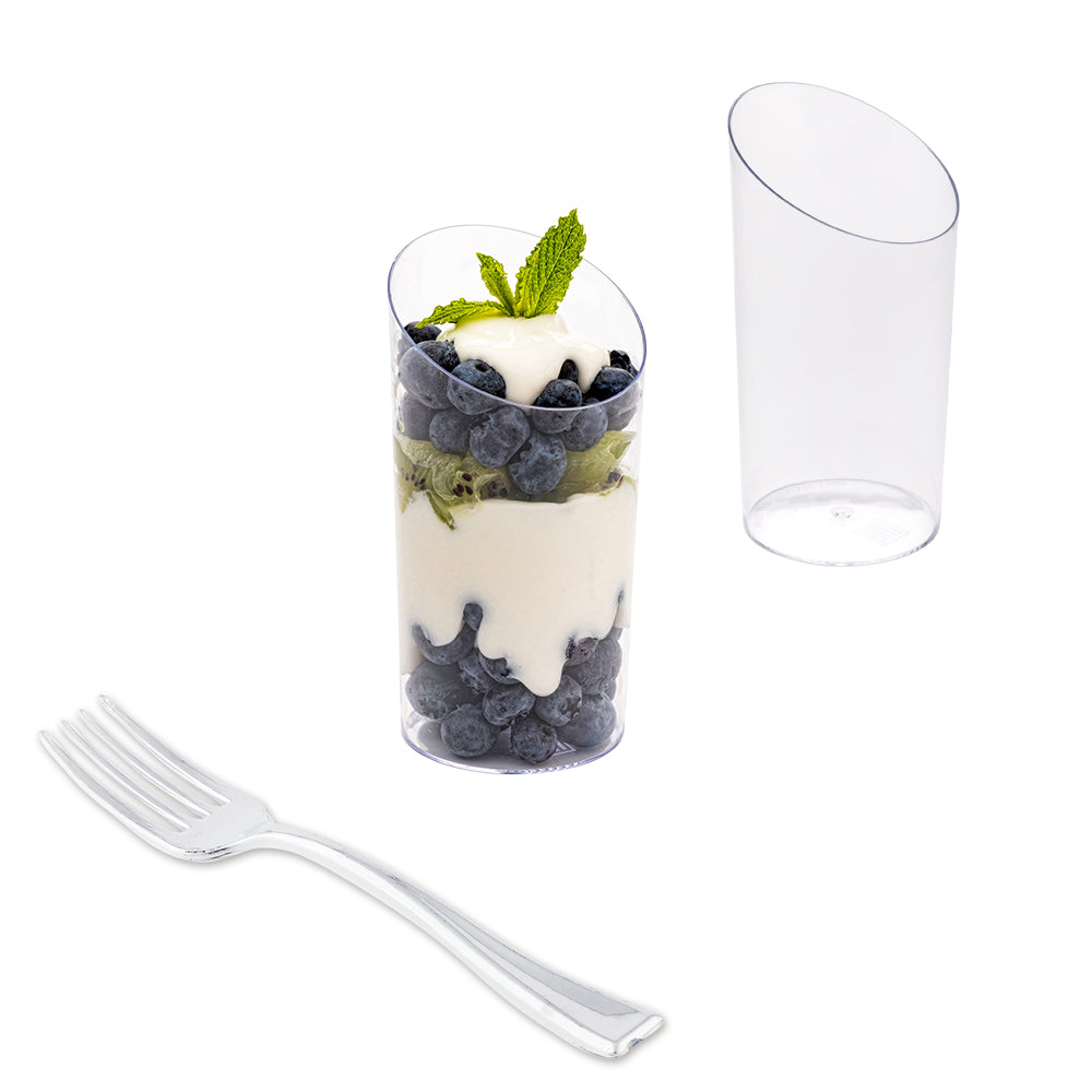 100 Pack 5 oz Clear Plastic Round Inclined Tubes with 100 Silver Mini Plastic Forks - Perfect for Party Favors, Wedding Decorations, and DIY Crafts