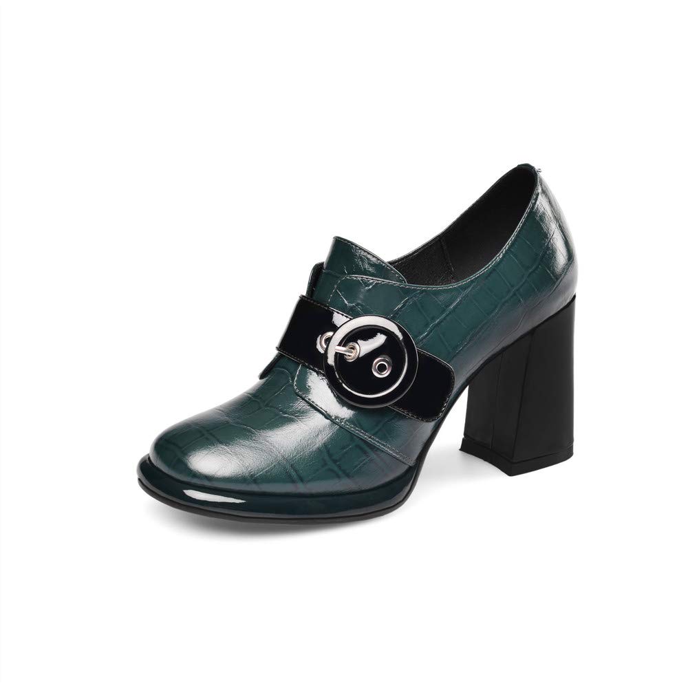 TinaCus Women's Handmade Genuine Leather Round Toe Buckle Platform Chunky Heel Slip-On Pumps - Stylish & Comfortable Shoes for Work, Parties & Everyday Wear