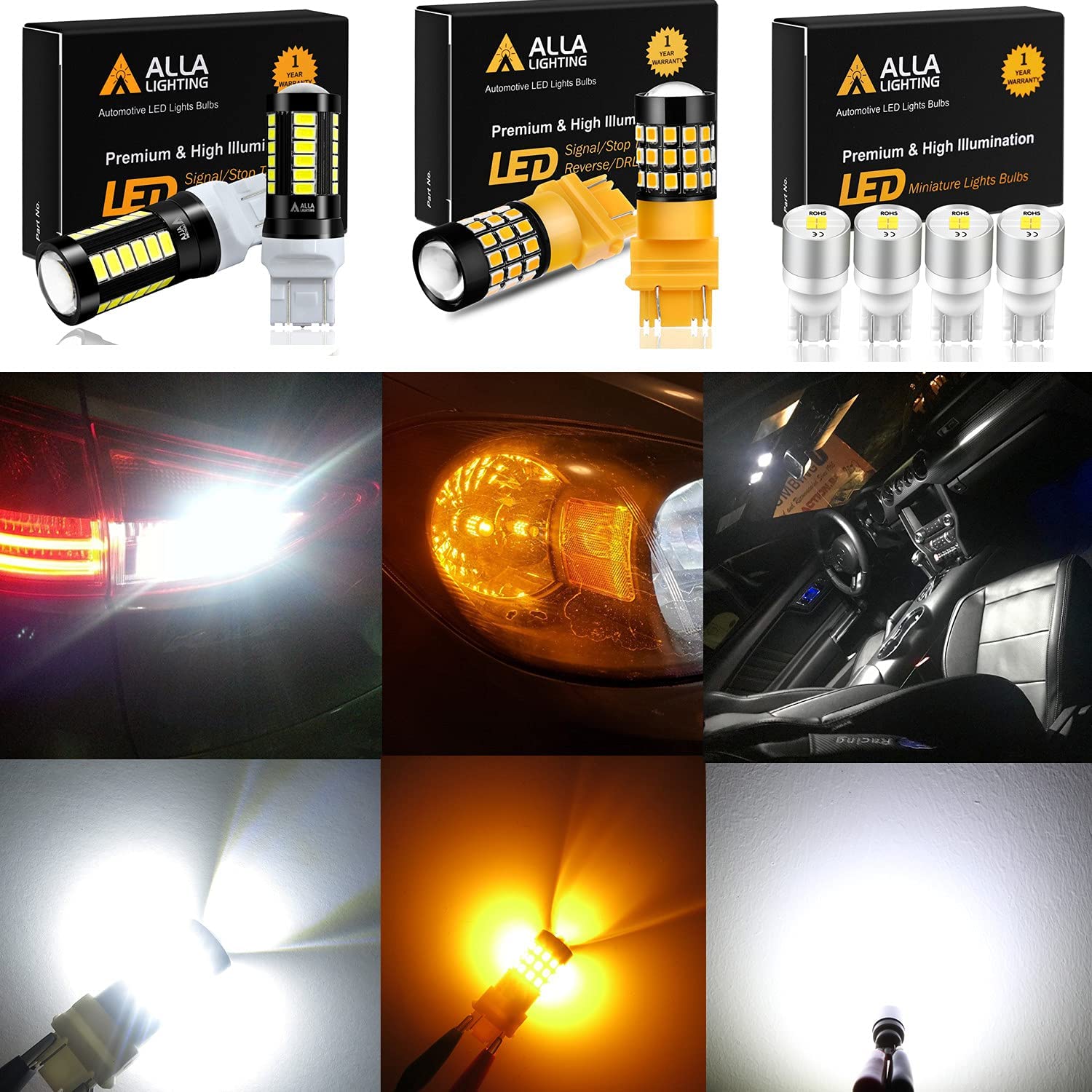 4x T10 168 175 194 LED Bulbs + 2x T20 7440 7443 LED Bulbs + 2x T25 3156 3157 LED Bulbs - 6000K Xenon White & Amber Yellow - Interior, License Plate, Backup Reverse, Brake Tail, DRL & Turn Signal Lights - Perfect for Car, Truck, SUV & Motorcycle Lighting Upgrades