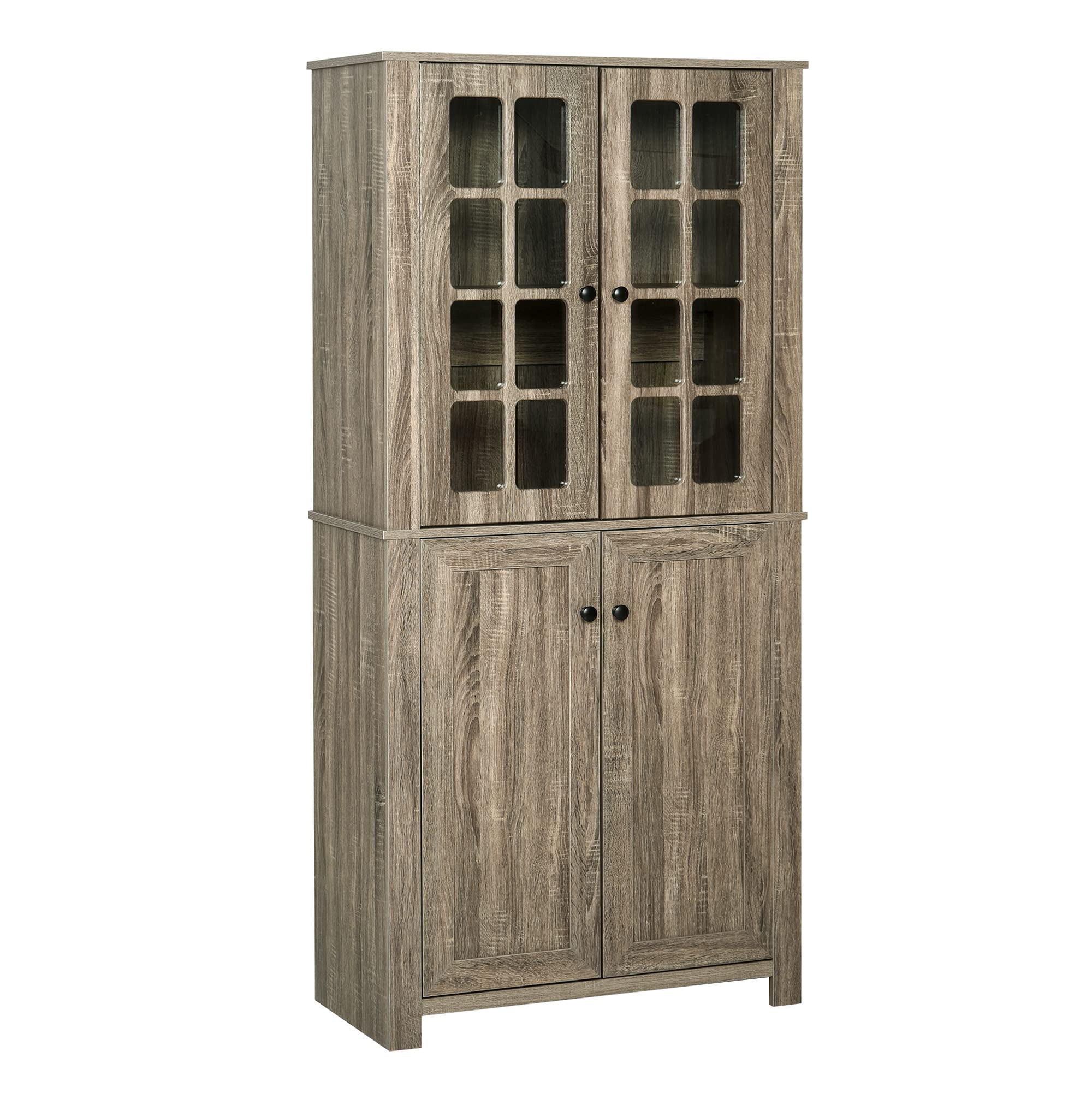 HOMCOM Freestanding Kitchen Pantry Cabinet with 2 Large Storage Spaces, 4 Adjustable Shelves, Framed Glass Doors & Anti-Tip Design - Natural Wood Finish for Pantry Organization | Perfect for Small Kitchens, Apartments, and Dining Room Storage