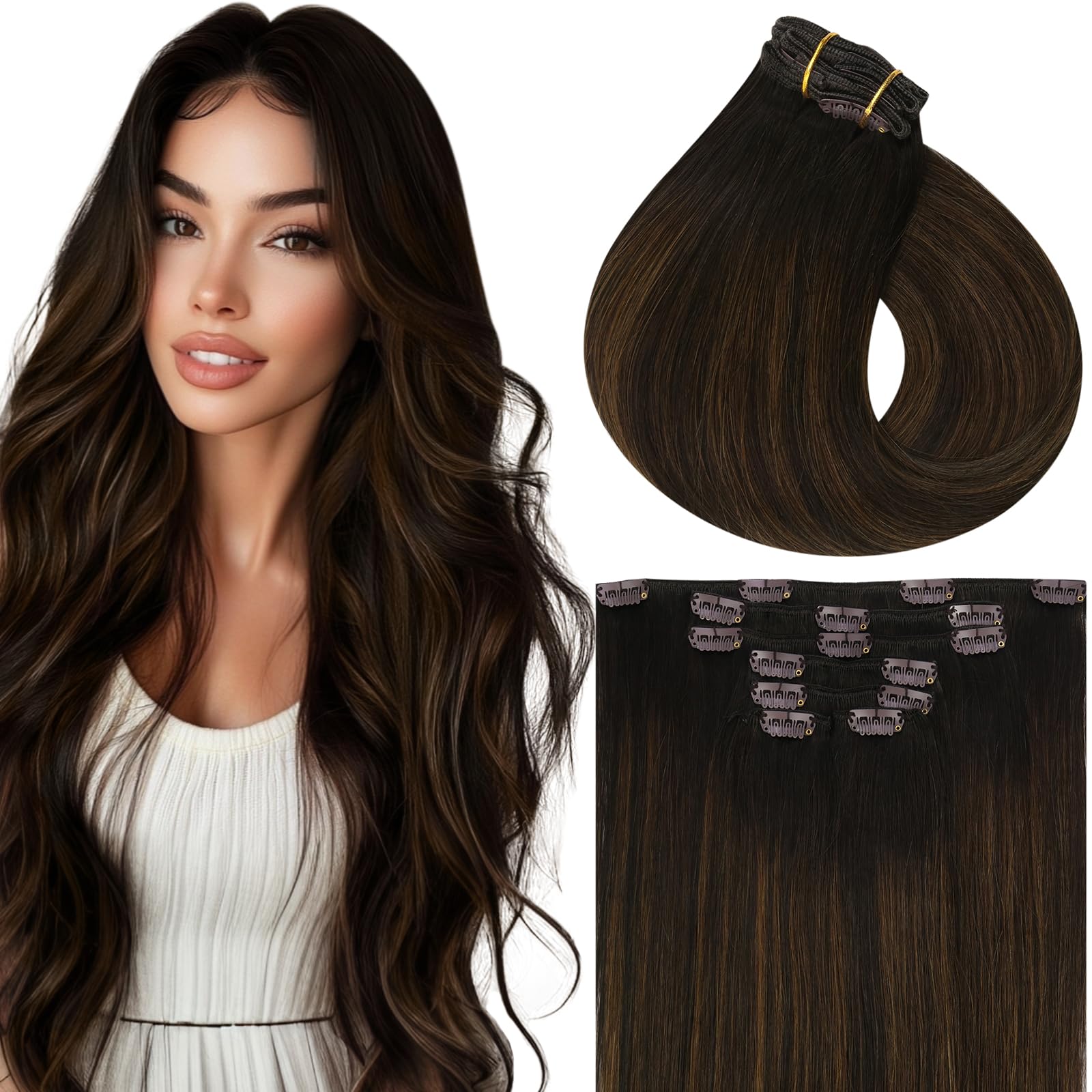 Vivien Balayage Brown Clip-In Human Hair Extensions 24 Inch - 7pcs 135g Dark to Light Brown - Invisible Seamless Hair Extensions for Volume & Length - Perfect for Parties, Weddings & Daily Styling