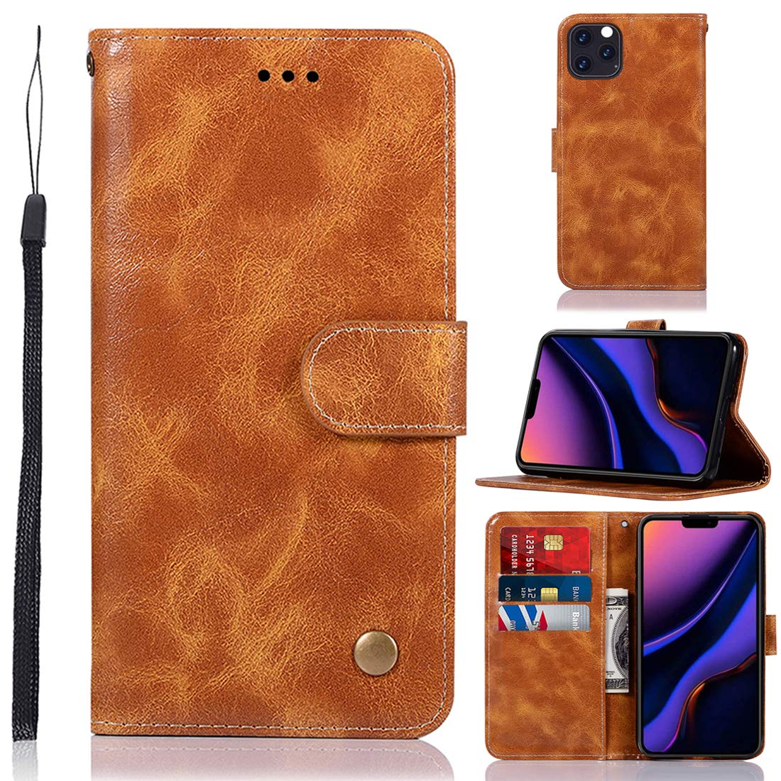 Premium PU Leather Magnetic Wallet Case for iPhone 11 Pro Max with Kickstand, Card Slots & Wrist Strap | Slim Protective Folio Cover for Everyday Use, Travel & Business Meetings