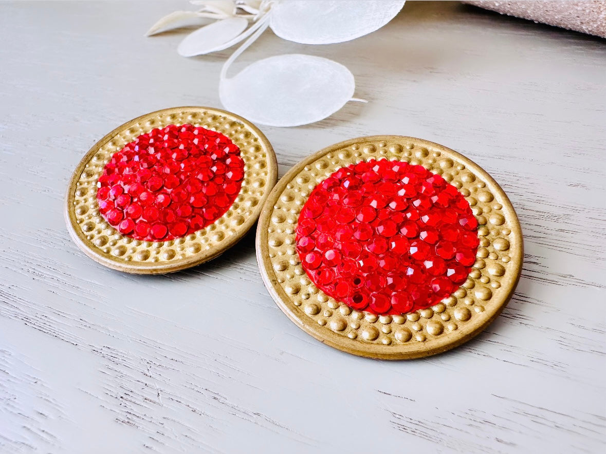 Vintage Richard Kerr 1980s Red Clip-On Earrings - Large Gold-Trimmed Disc Rhinestone Jewelry - Rare 80s Designer Fashion Accessories for Parties, Weddings & Retro Outfits