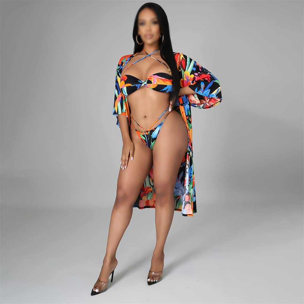 JRDHGRK Women's 3 Piece Bikini Set - Push Up Swimsuit with Cover Up, Printed Beach Swimwear (Large, Color A) | Perfect for Pool Parties, Vacations & Summer Getaways