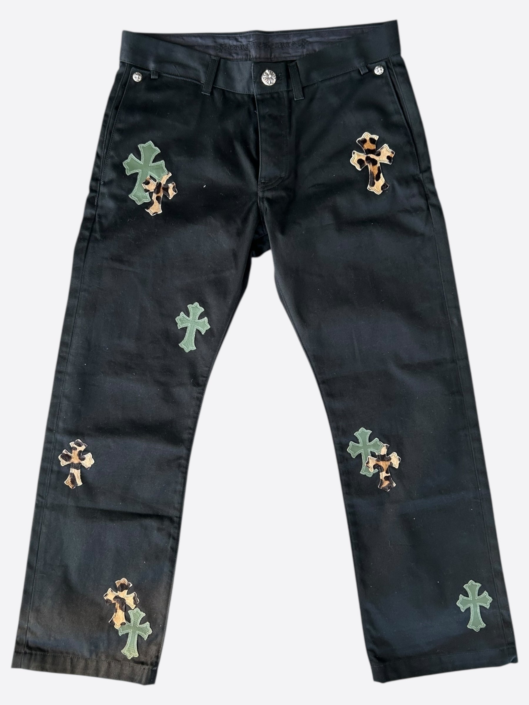 Chrome Hearts Black Cheetah Print Green Cross Patch Chino Pants for Men - Stylish Streetwear & Casual Fashion for Everyday Wear