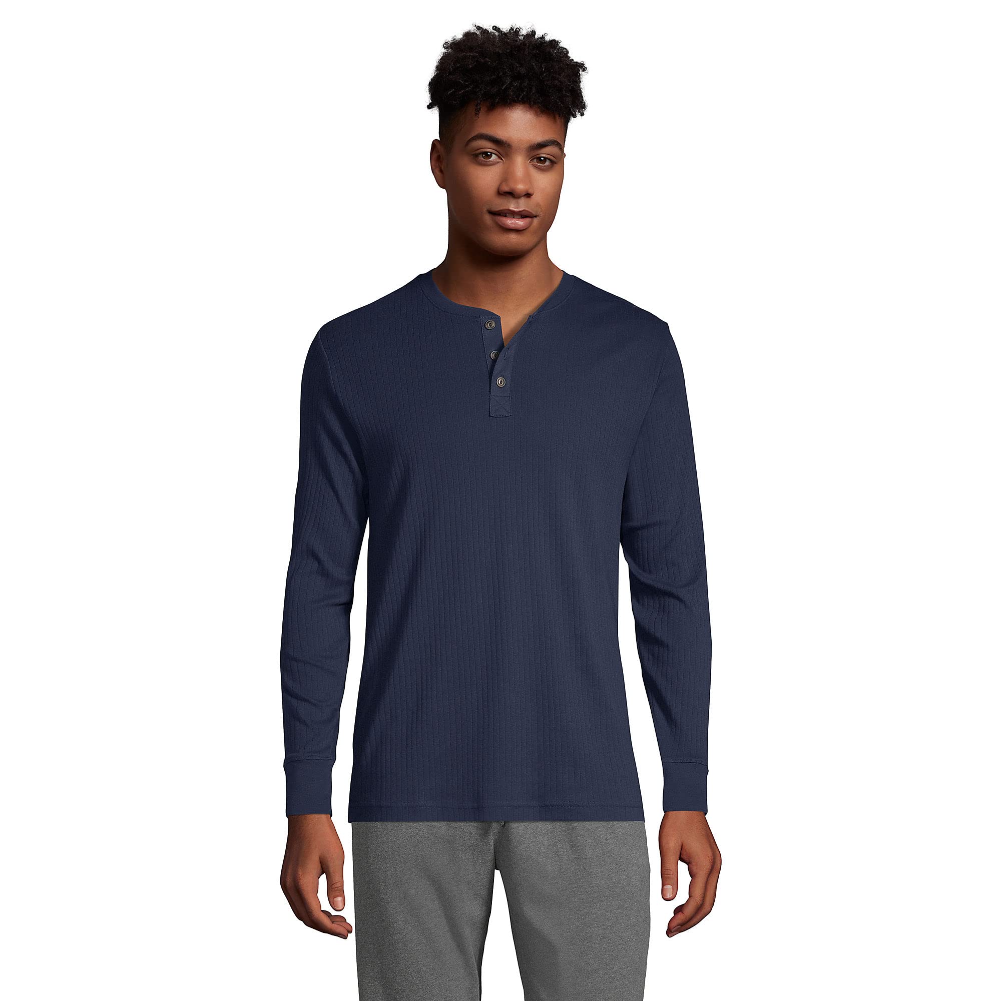 Lands' End Men's Knit Rib Henley Shirt - Soft Cotton Long Sleeve Casual Top for Everyday Wear & Outdoor Activities