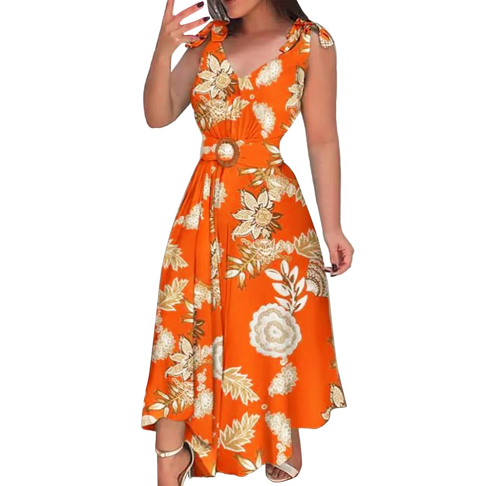 Women's Floral Casual Dress Below The Knee - Sleeveless V-Neck Beach Dress with Belt & Zipper | Perfect for Summer Vacations, Beach Outings & Casual Wear