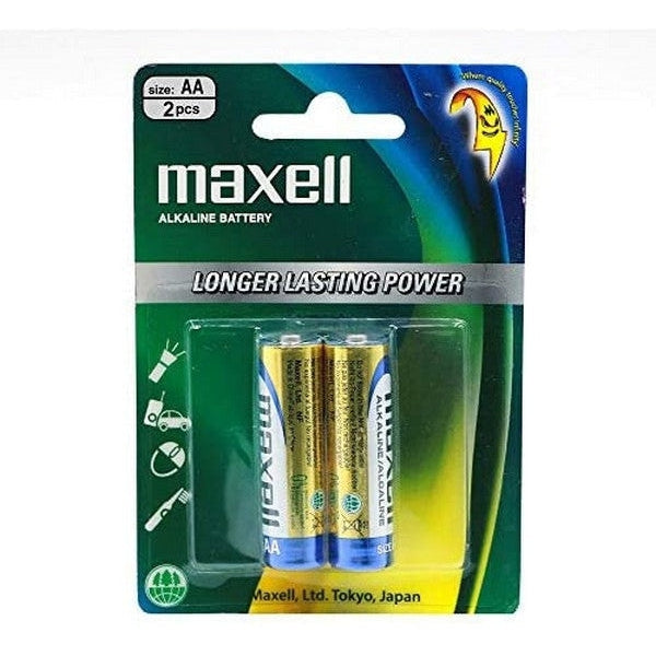 Maxell Alkaline AA Batteries (2-Pack) - Long-Lasting Power for Toys, Remotes & Electronics - High-Performance Batteries for Home & Office Use