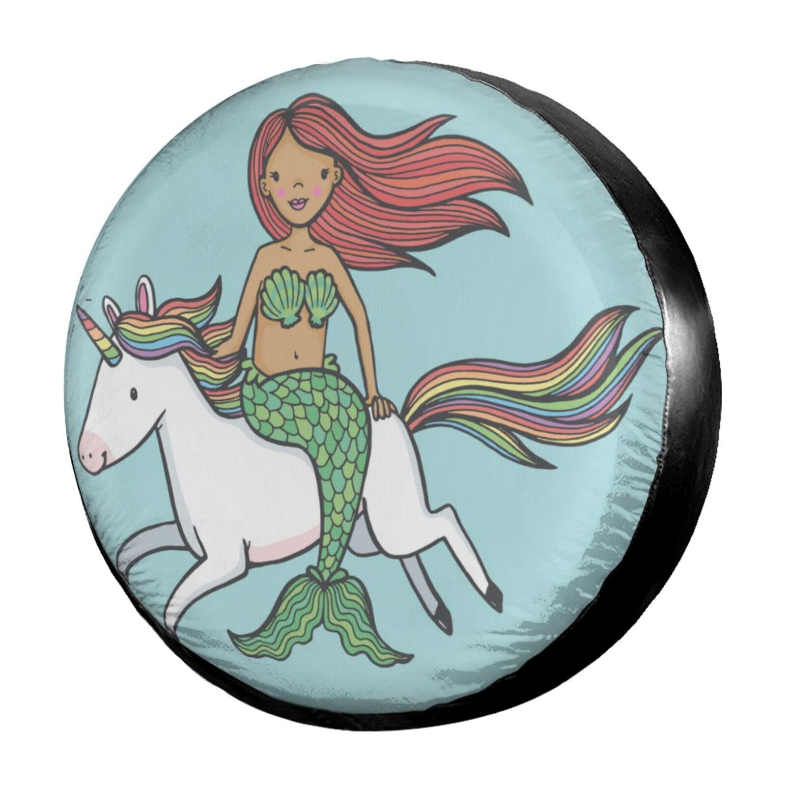 Cute Mermaid Girl Riding Unicorn Spare Tire Cover - 15 Inch Dust-Proof Wheel Protector for Trailer, RV, SUV & Vehicles | Perfect for Outdoor Travel & Camping Adventures