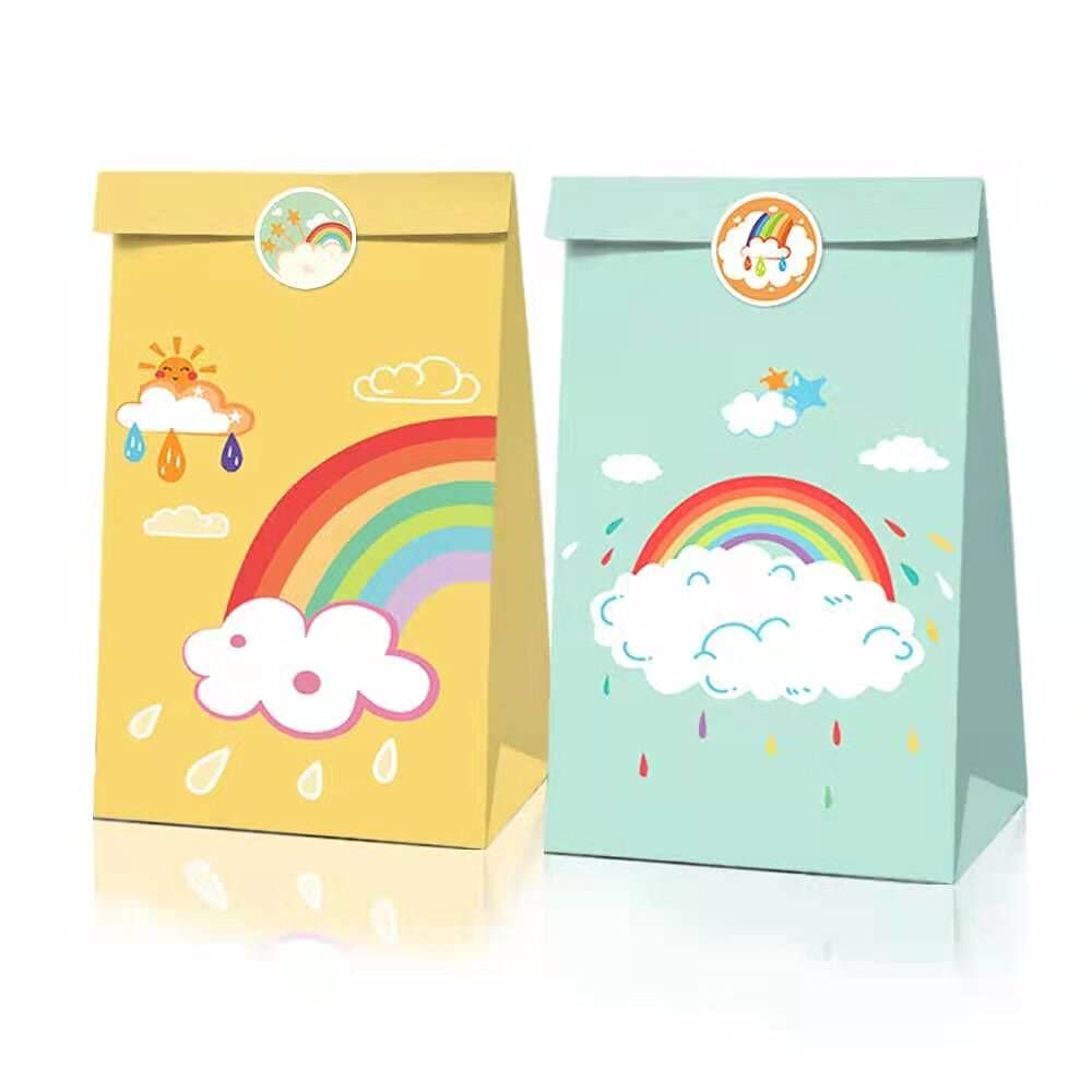 24pcs Rainbow Party Favor Bags with 36pcs Stickers - Colorful Sunshine Cloud Design Gift Bags for Birthday Party Favors, Baby Shower, Kids Celebration & Classroom Rewards