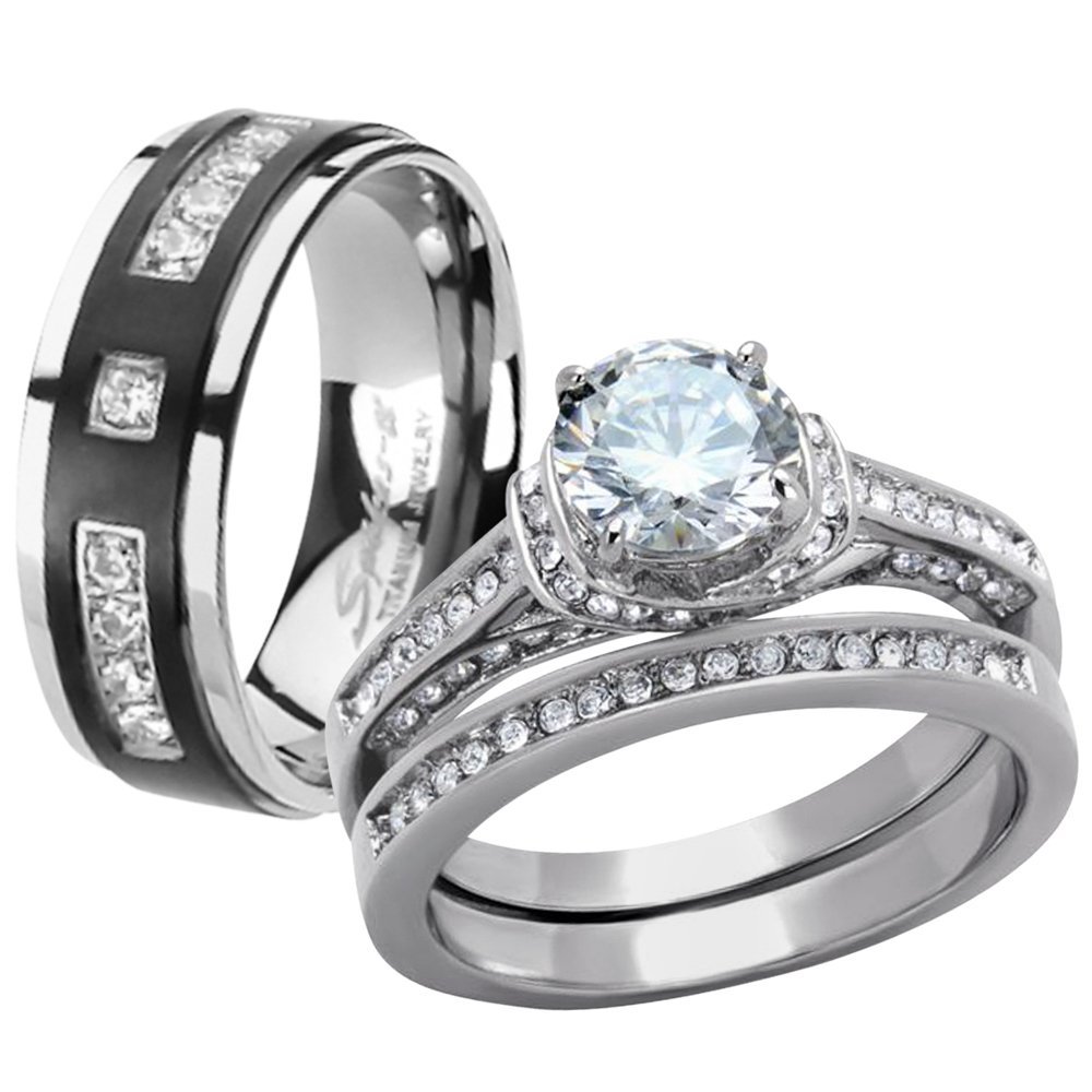 His & Her Stainless Steel Wedding Rings Set with Titanium Band for Couples