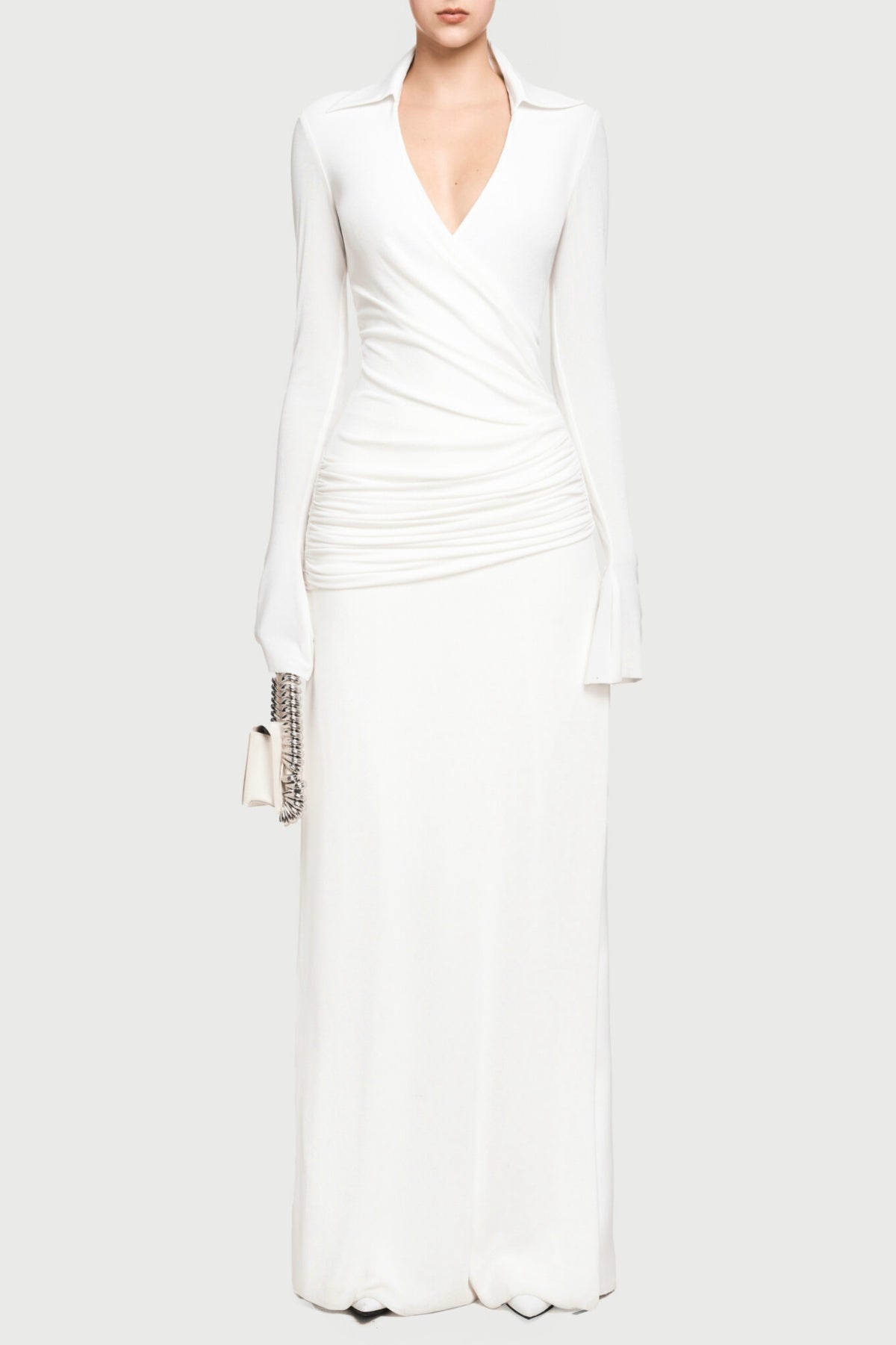 Alistair Shirt Collar Draped Maxi Dress in White | Elegant Long Sleeve Formal Gown for Weddings, Parties & Evening Events