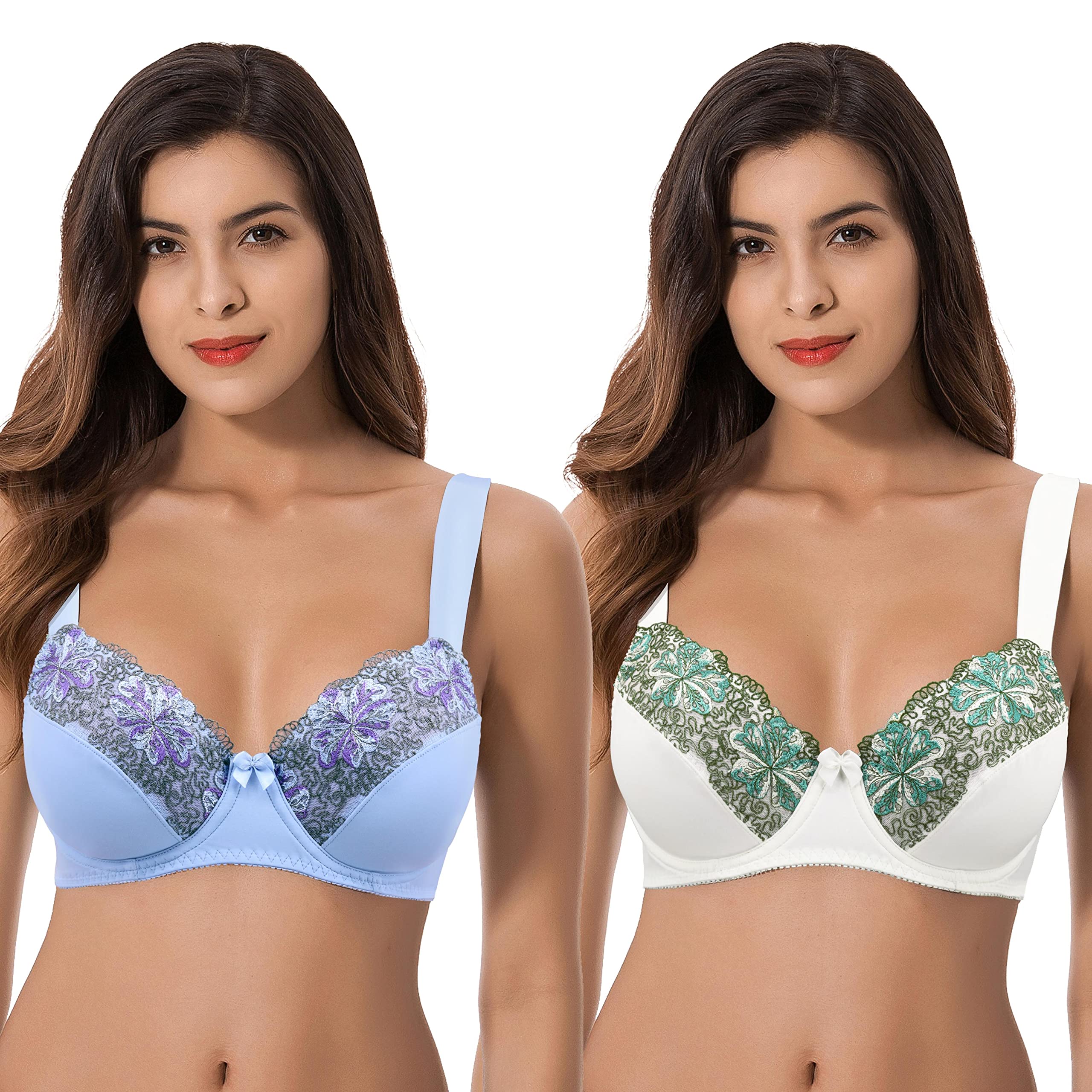 Curve Muse Plus Size Minimizer Underwire Unlined Bras with Embroidery Lace - 2 or 3 Pack - Comfortable Support for Everyday Wear & Special Occasions