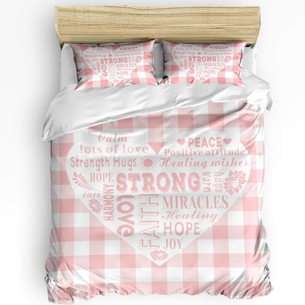 ALAGEO 3-Piece Duvet Cover Set - Inspirational Quotes, Heart & Buffalo Check Pattern in Pink & White | Soft, Washable Twin Bedding with Pillowcases | Perfect for Cozy Bedrooms, Guest Rooms & Dorm Decor