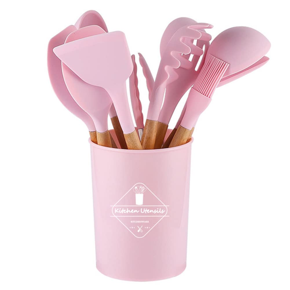 11-Piece Pink Kitchen Utensils Set with Holder Rack - Non-Slip Cooking Tools & Gadgets for Baking, Frying, and Everyday Meal Prep