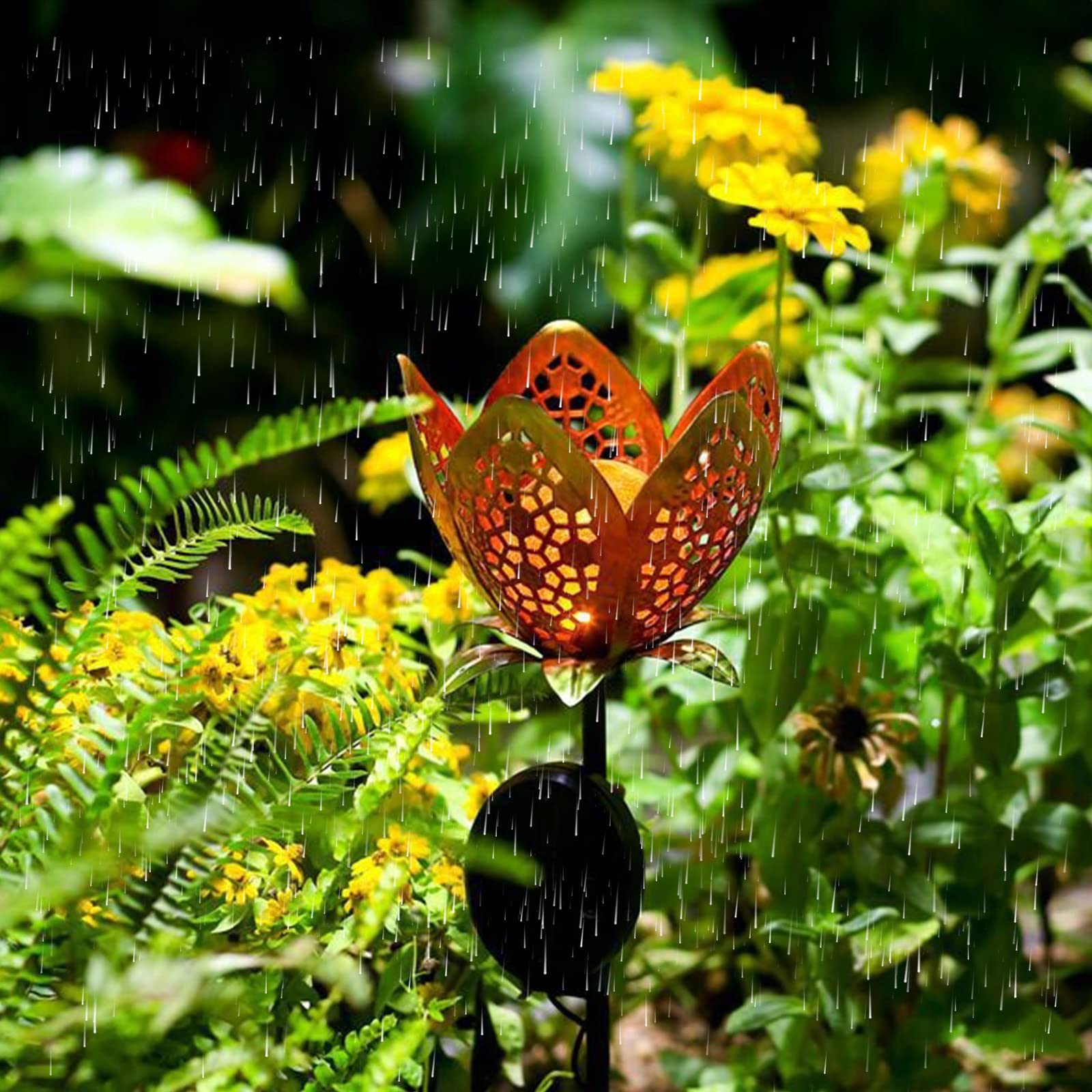 Solar Powered LED Flower Garden Light - Wrought Iron Hollow Stake Lamp for Yard, Patio, Lawn & Pathway Decor - Weatherproof Outdoor Landscape Lighting for Nighttime Ambience