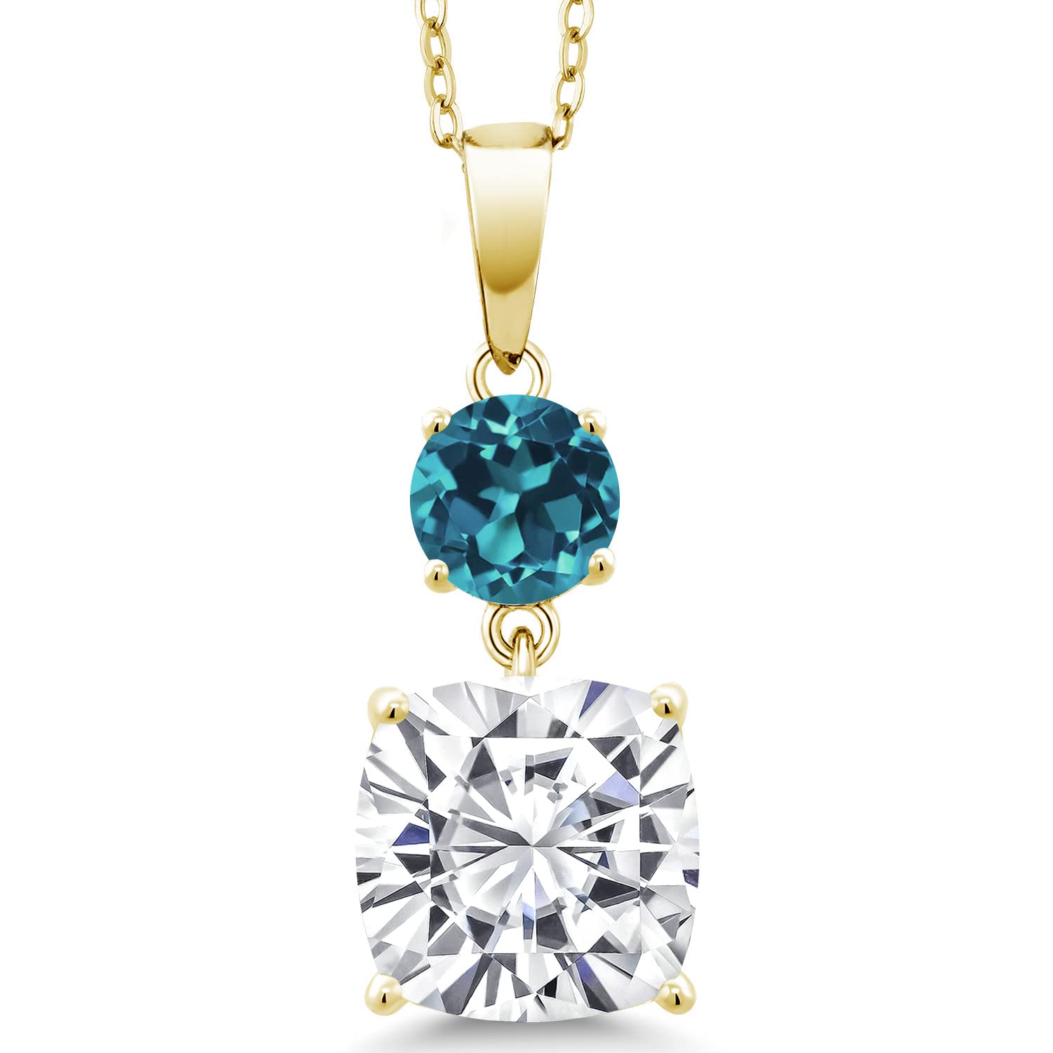 18K Yellow Gold Plated Sterling Silver London Blue Topaz Pendant Necklace with Chain | GH Created Moissanite Accents (6.10 CTTW) | Elegant Jewelry Gift for Women, Perfect for Weddings, Anniversaries & Special Occasions