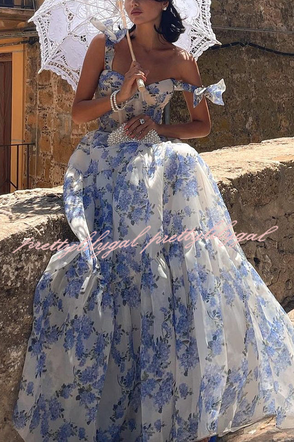 Fairytale Itself Organza Floral Print Tie Strap Maxi Dress - Elegant Summer Wedding Guest Dress for Beach Parties & Formal Occasions