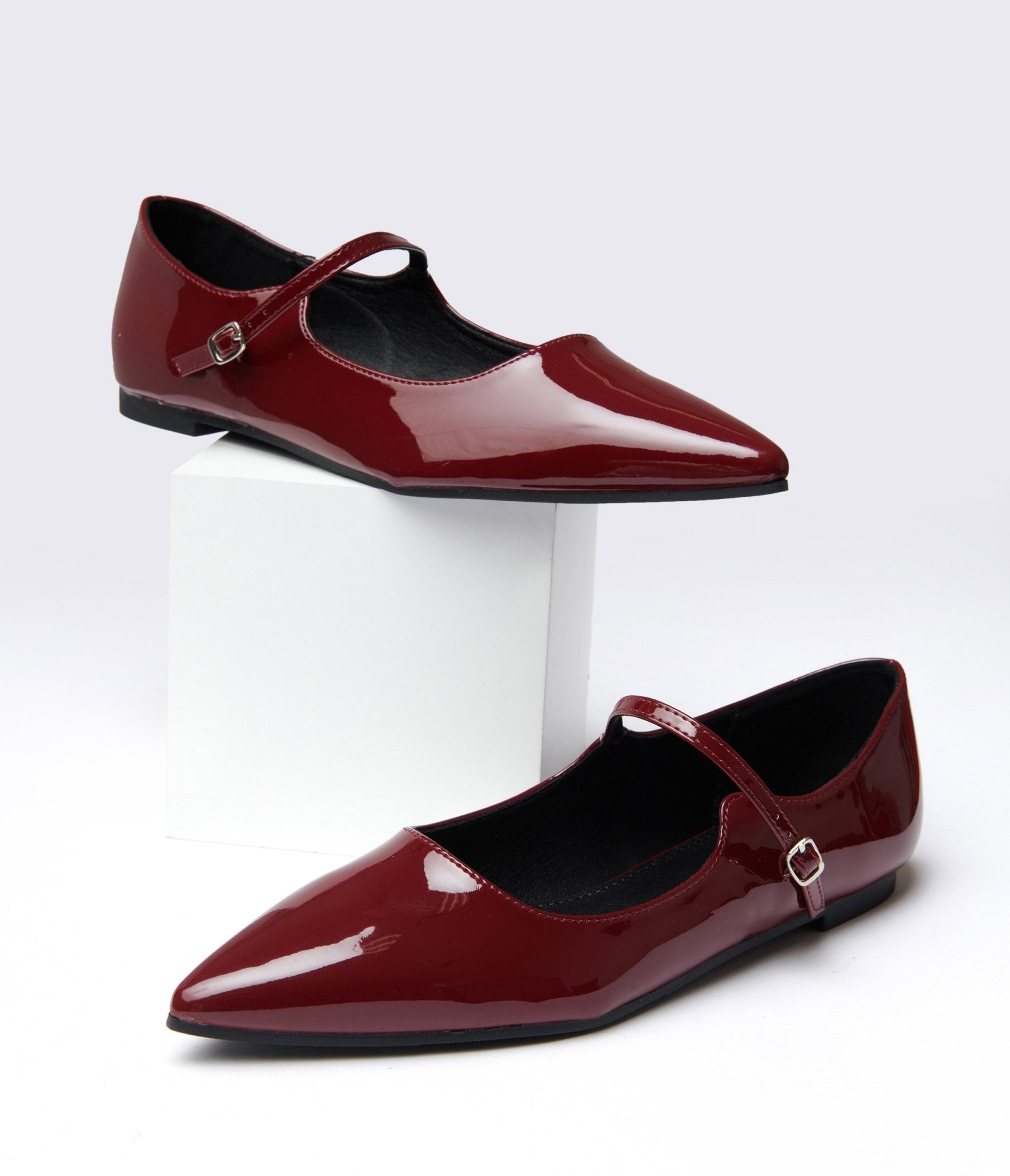 Burgundy Mary Jane Pointed Toe Flats for Women - Comfortable Dress Shoes with Buckle Strap - Perfect for Work, Office, Wedding & Formal Occasions