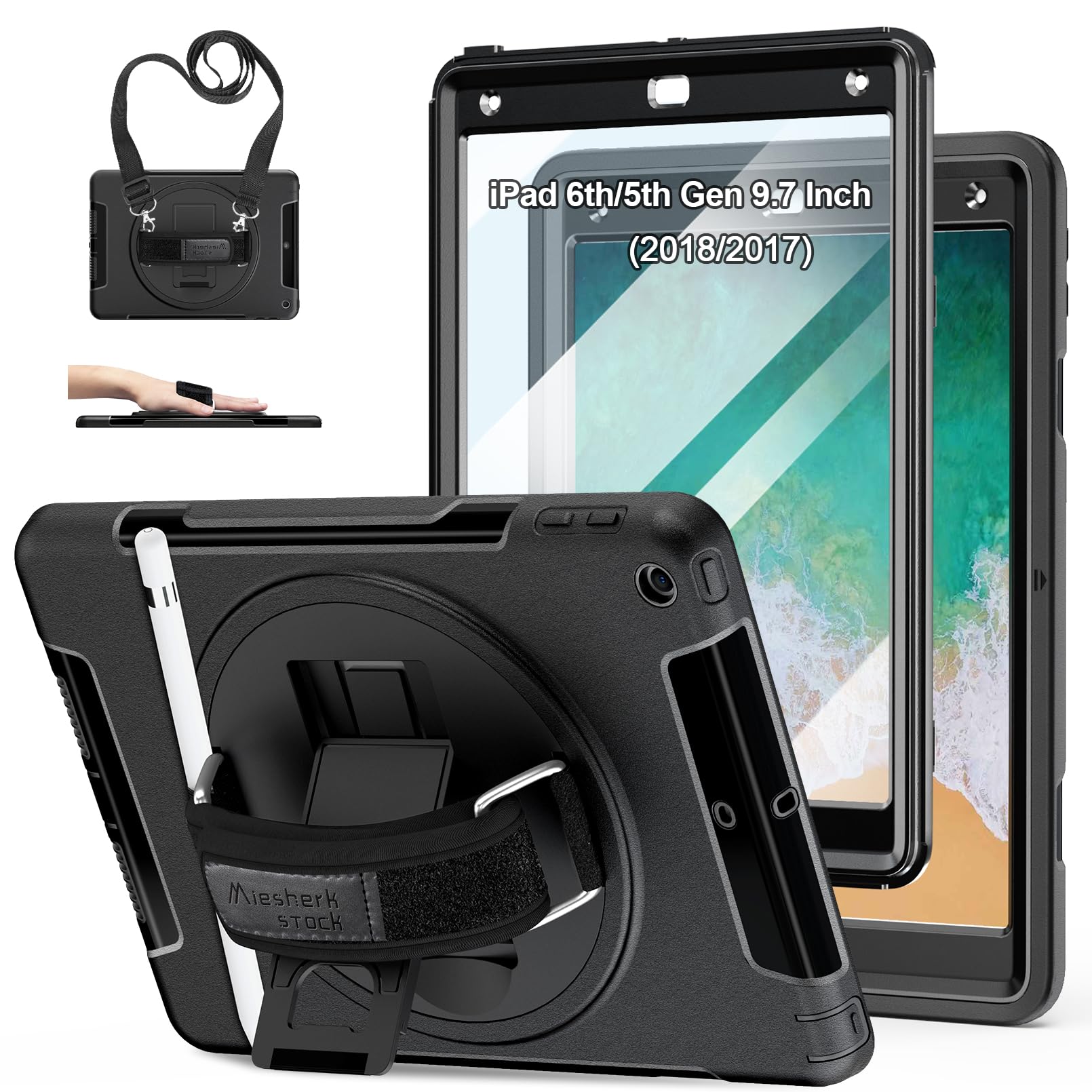 Premium Shockproof iPad Case for iPad 6th/5th Gen & iPad Air 2 (9.7 Inch 2018/2017 Models) - Heavy Duty TPU Protective Cover with Built-in Stand, Handle, Shoulder Strap & Apple Pencil Holder - Perfect for Work, Travel and School Use - Black