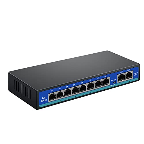 8 Port PoE Switch for IP Cameras - 120W Unmanaged Power Over Ethernet Switch with 2 Uplink Ports, Metal Housing & Fanless Design - IEEE 802.3af/at Compatible - Ideal for Home Security & Office Surveillance Systems