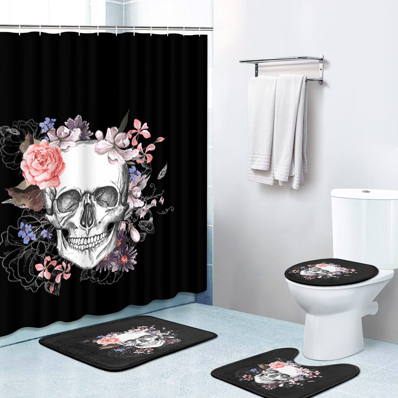 **Britimes 4-Piece Shower Curtain Set - Black Skull Design with Non-Slip Bath Rugs, Toilet Lid Cover & Waterproof Bath Mat, Durable Bathroom Decor (72