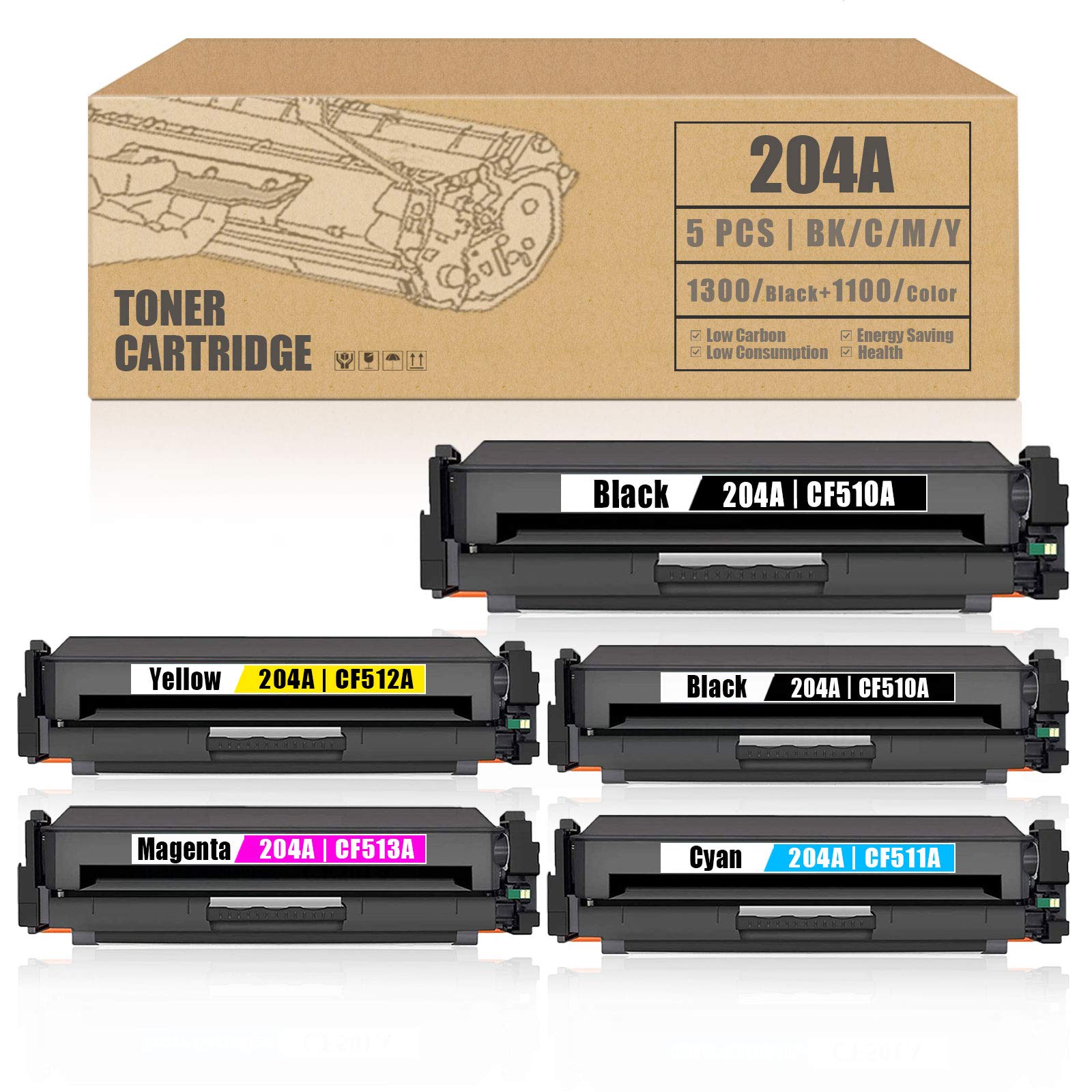 5-Pack Replacement Toner Cartridges for HP Color Pro M154nw M154a M180n M181fw M181fdw Printers - 2BK+1C+1M+1Y (204A, CF510A, CF511A, CF512A, CF513A Compatible) | High-Quality Printer Ink for Home & Office Use