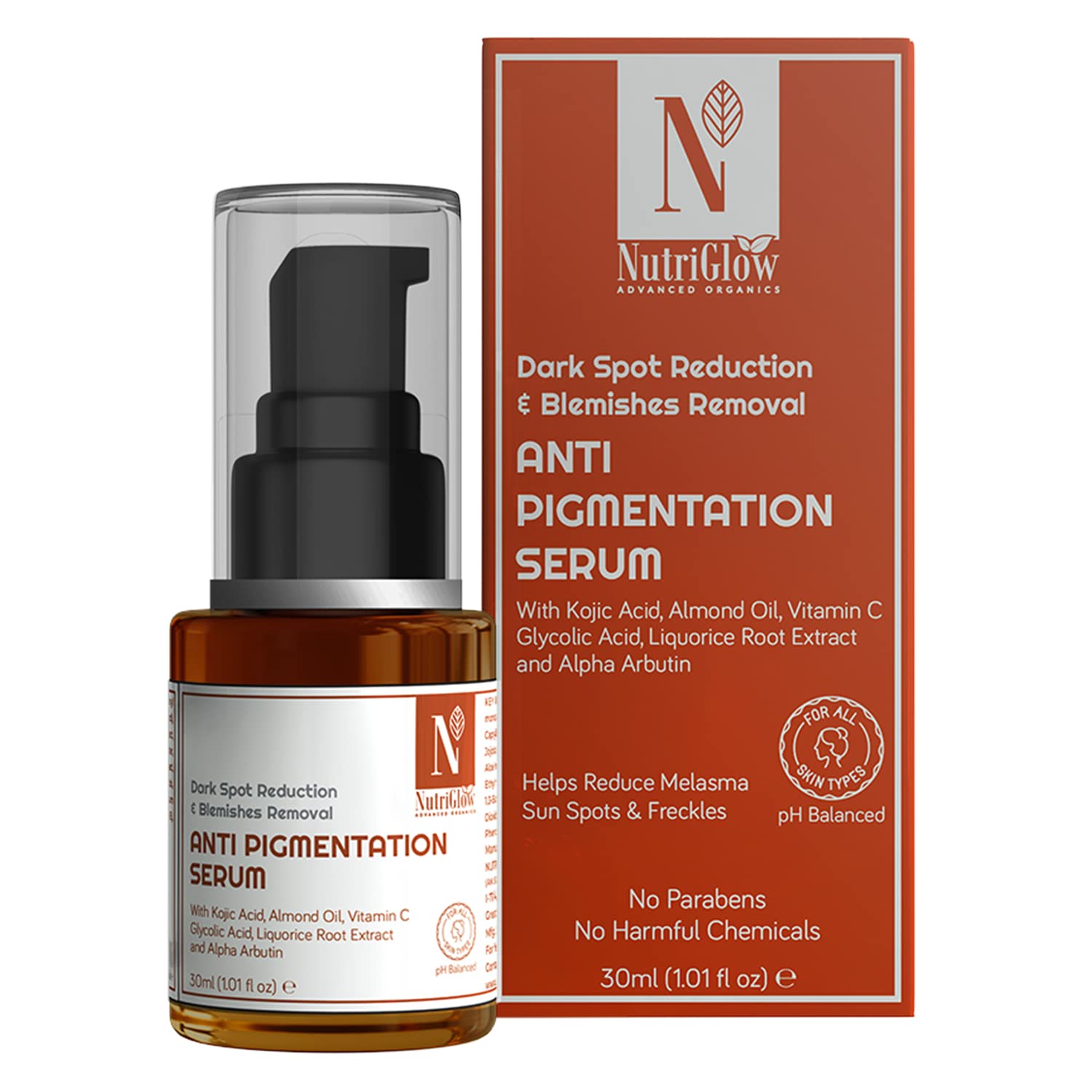 Nutriglow Advanced Organics Dark Spot Corrector Serum with Licorice Root & Vitamin C - Anti-Pigmentation Treatment for Face, Brightening & Blemish Removal - 30ml - Perfect for Nighttime Skincare Routine & Hyperpigmentation Care