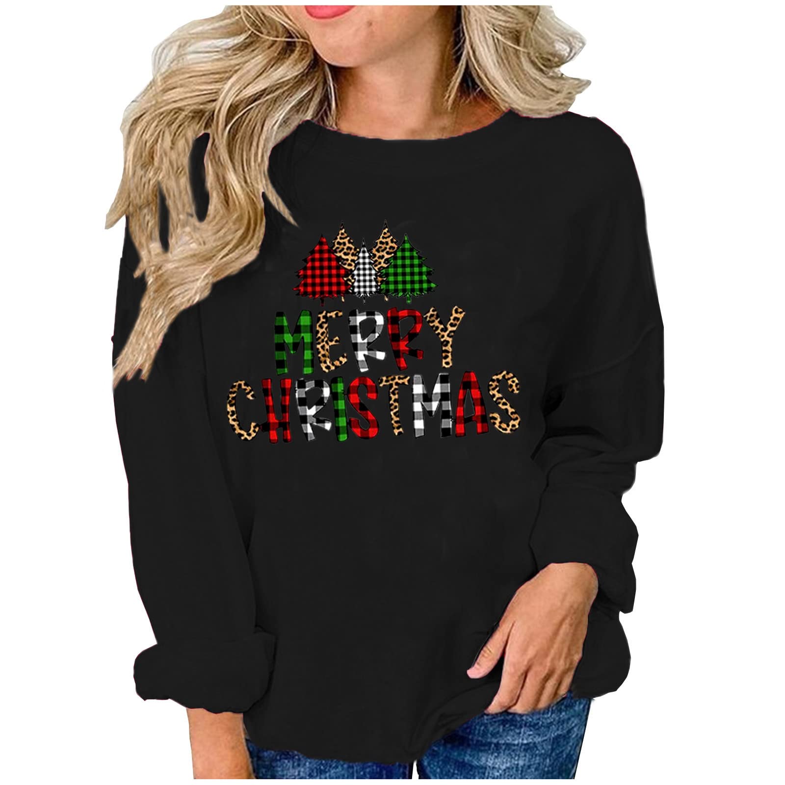 Women's Christmas Reindeer Print Sweater - Cute Casual Long Sleeve Crewneck Pullover for Holiday Parties & Family Gatherings