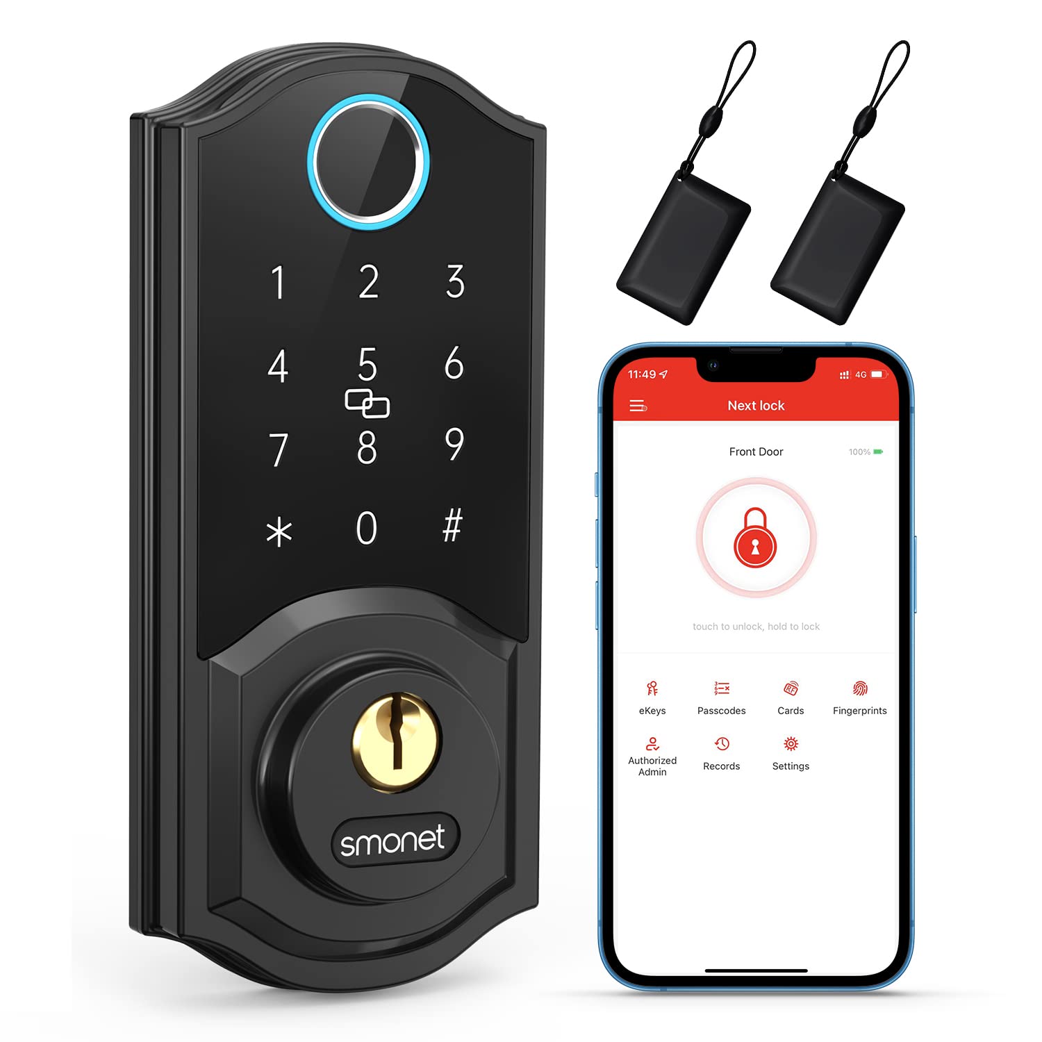 SMONET Smart Lock for Front Door - 8-in-1 Keyless Entry with Fingerprint, Digital Passcode, Bluetooth & Key Fob - Smart Deadbolt Electronic Keypad Door Lock - Perfect for Home Security & Smart Home Automation