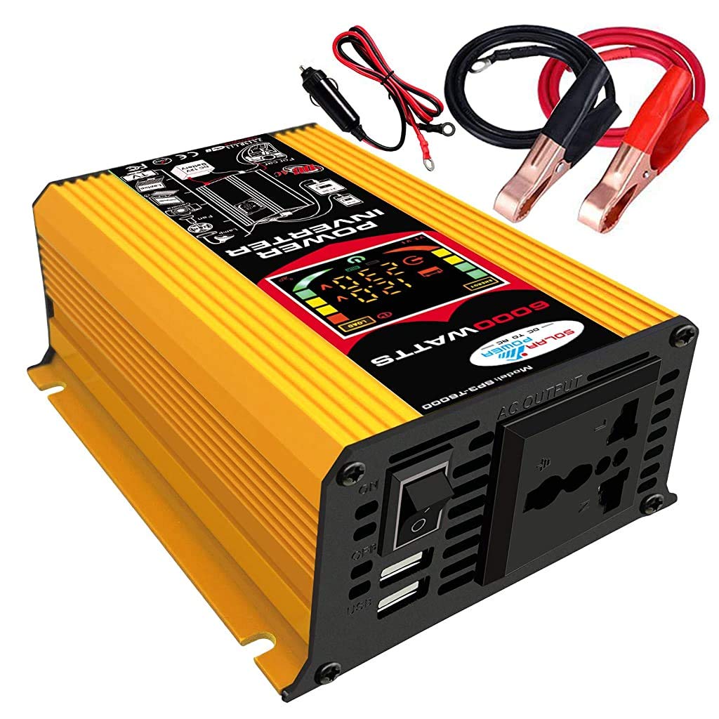 6000W Pure Sine Wave Power Inverter DC 12V to AC 110V/220V Converter with LCD Display, Dual USB Ports & Battery Clips - High Efficiency Car Inverter for RV, Camping, Emergency Power Backup