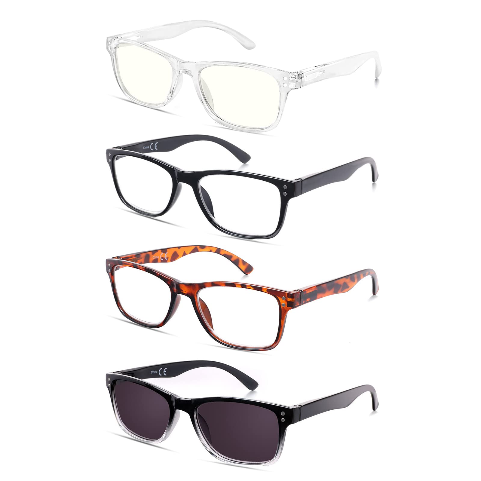 OENEYE 4 Pack Fashion Reading Glasses for Women & Men - Lightweight Spring Hinge Readers (1.5 Magnification, 4 Color Mix) - Perfect for Reading Books, Using Phones & Computer Work